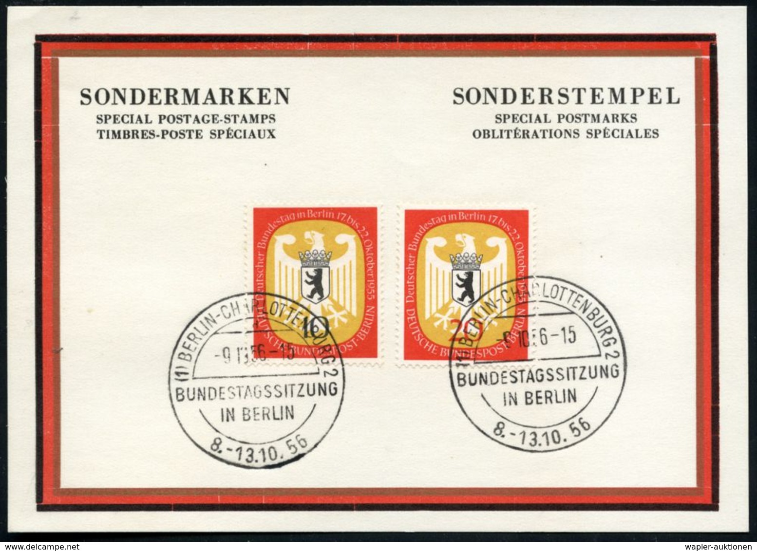 (1) BERLIN-CHARLOTTENBG.2/ D/ BUNDESTAGSSITZUNG.. 1956 (9.10.) SSt 2x Auf Kompl. Satz "Bundestagssitzung Berlin" (Mi.129 - Sonstige & Ohne Zuordnung