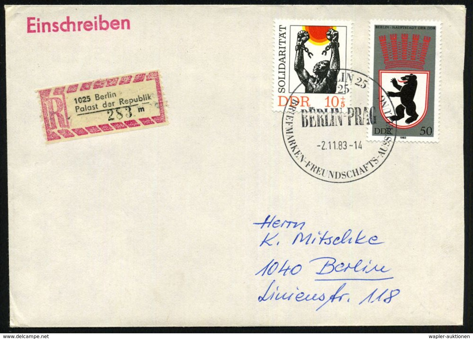1025 BERLIN 25/ BERLIN-PRAG/ BRIEFM.-FREUNSCHAFTS-AUSSTELLUNG 1983 (2.11.) SSt = Hauspostamt DDR-Volks-kammer + Sonder-R - Autres & Non Classés