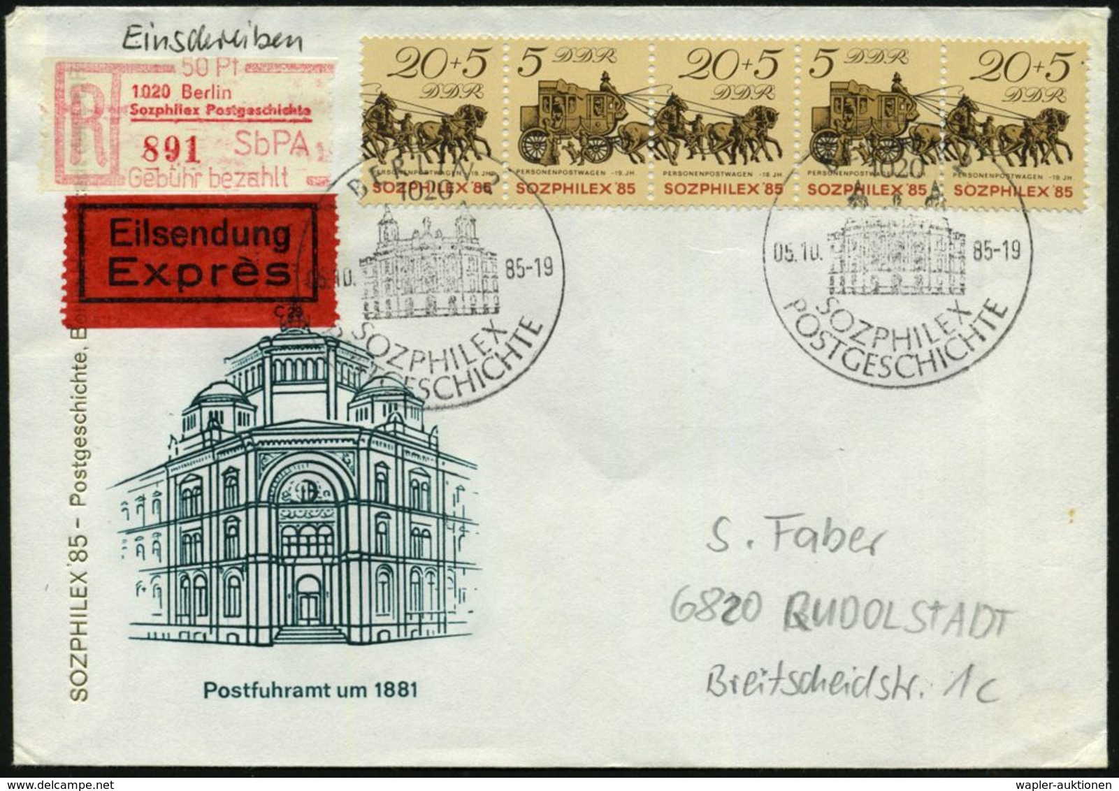 1020 Berlin/ Sozphilex Postgeschichte/ 50 Pf./ SbPA/ Gebühr Bez. 1985 (5.10.) Gebühren-Sonder-RZ Des Sb-Postamtes + SSt: - Autres & Non Classés