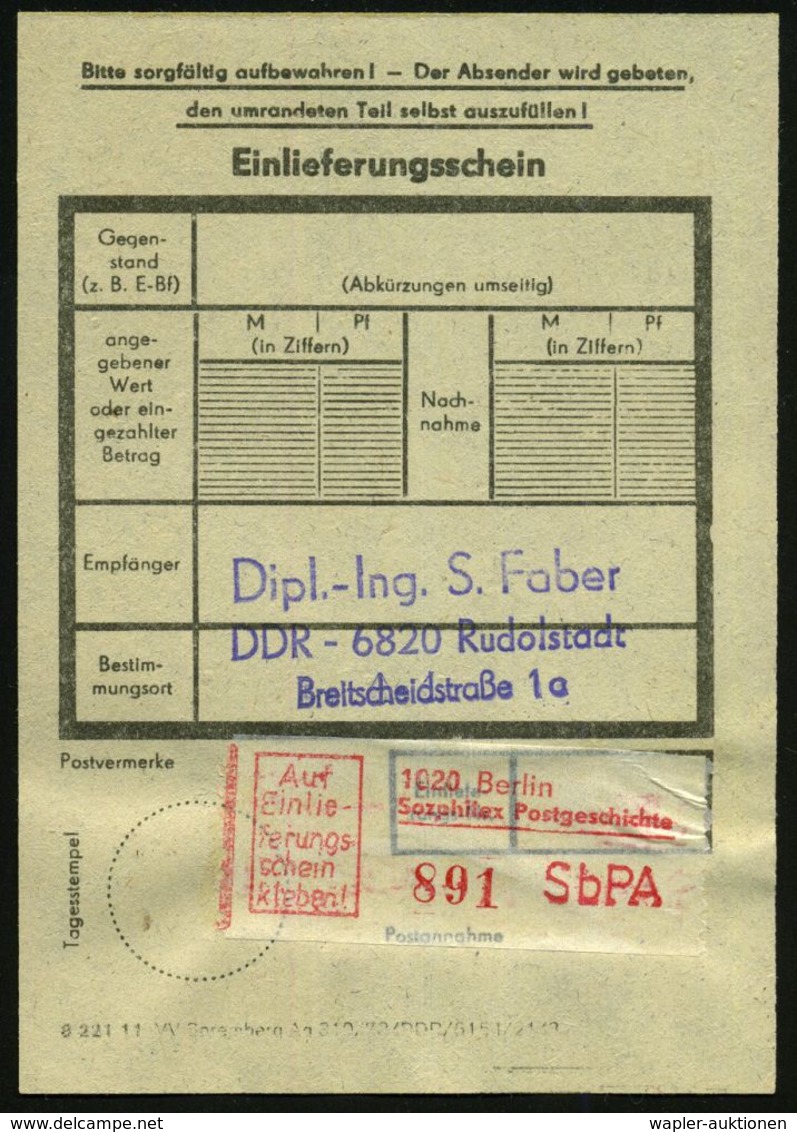 1020 Berlin/ Sozphilex Postgeschichte/ 50 Pf./ SbPA/ Gebühr Bez. 1985 (5.10.) Gebühren-Sonder-RZ Des Sb-Postamtes + SSt: - Andere & Zonder Classificatie