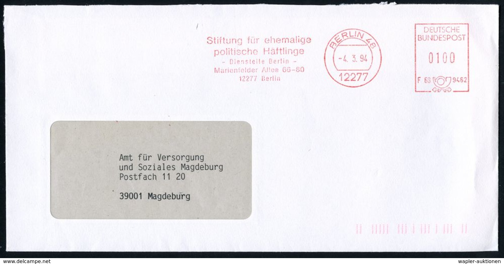 12277 BERLIN 48/ F68 9462/ Stiftung Für Ehemalige/ Politische Häftlinge/ Dienststelle Berlin.. 1994 (4.3.) AFS Auf Fernb - Sonstige & Ohne Zuordnung