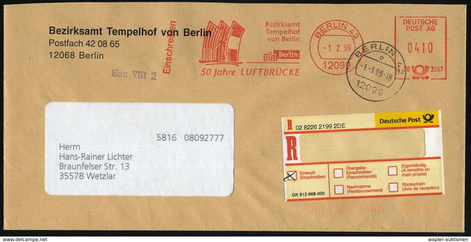 12099 BERLIN 42/ F70 3267/ 50 Jahre LUFTBRÜCKE/ Bezirksamt/ Tempelhof.. 1999 (1.2.) AFS 0410 Pf. "DEUTSCHE POST AG" + Ne - Autres & Non Classés