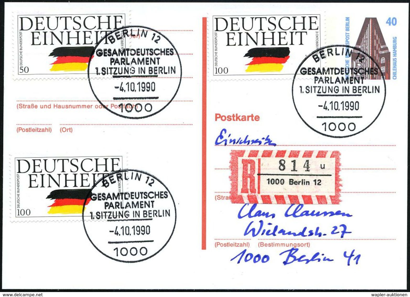 1000 BERLIN 12/ GESAMTDT./ PARLAMENT/ 1.SITZUNG IN BERLIN 1990 (4.10.) SSt 3x Auf Amtl. P 40 Pf. Chilehaus + Zusatz-Fran - Autres & Non Classés