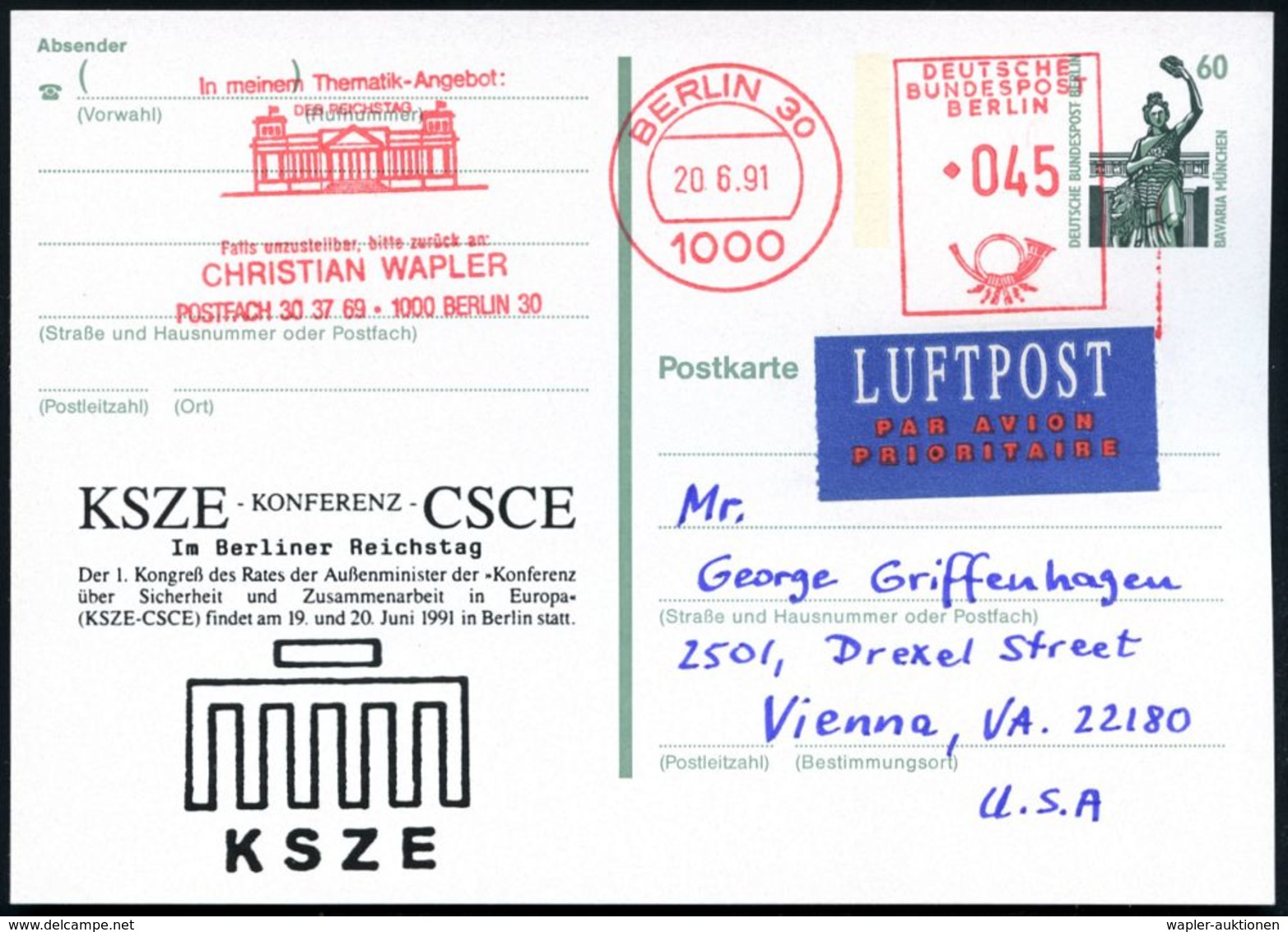 1000 BERLIN 30/ ..DER REICHSTAG.. 1991 (20.6.) AFS 045 Pf. (Reichstag) Als VE Auf Amtl. P 60 Pf. Bavaria, Grün + Zudruck - Autres & Non Classés