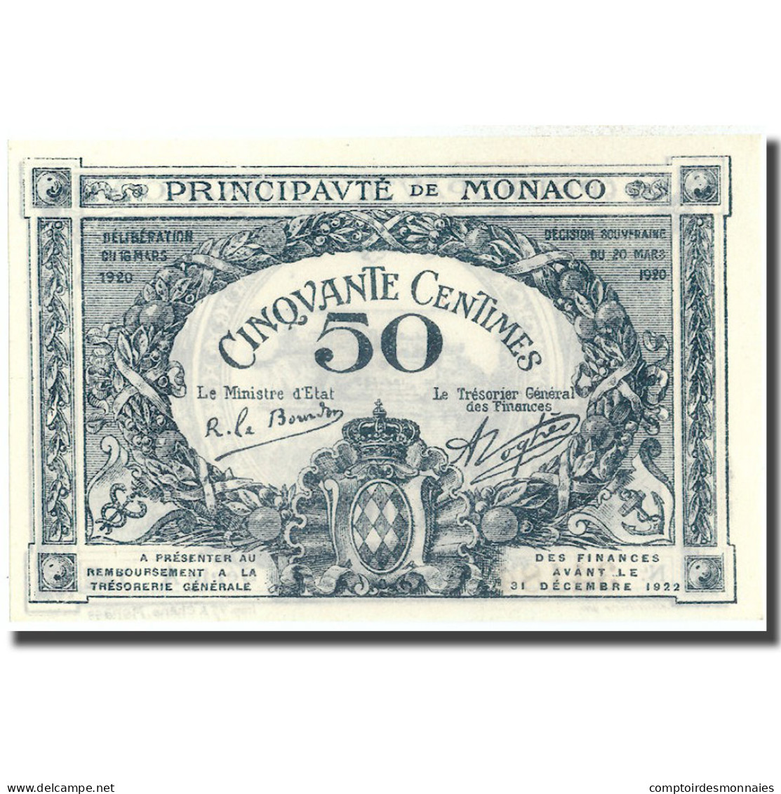 Billet, Monaco, 50 Centimes, 1920, 1920-03-20, KM:3a, NEUF - Monaco