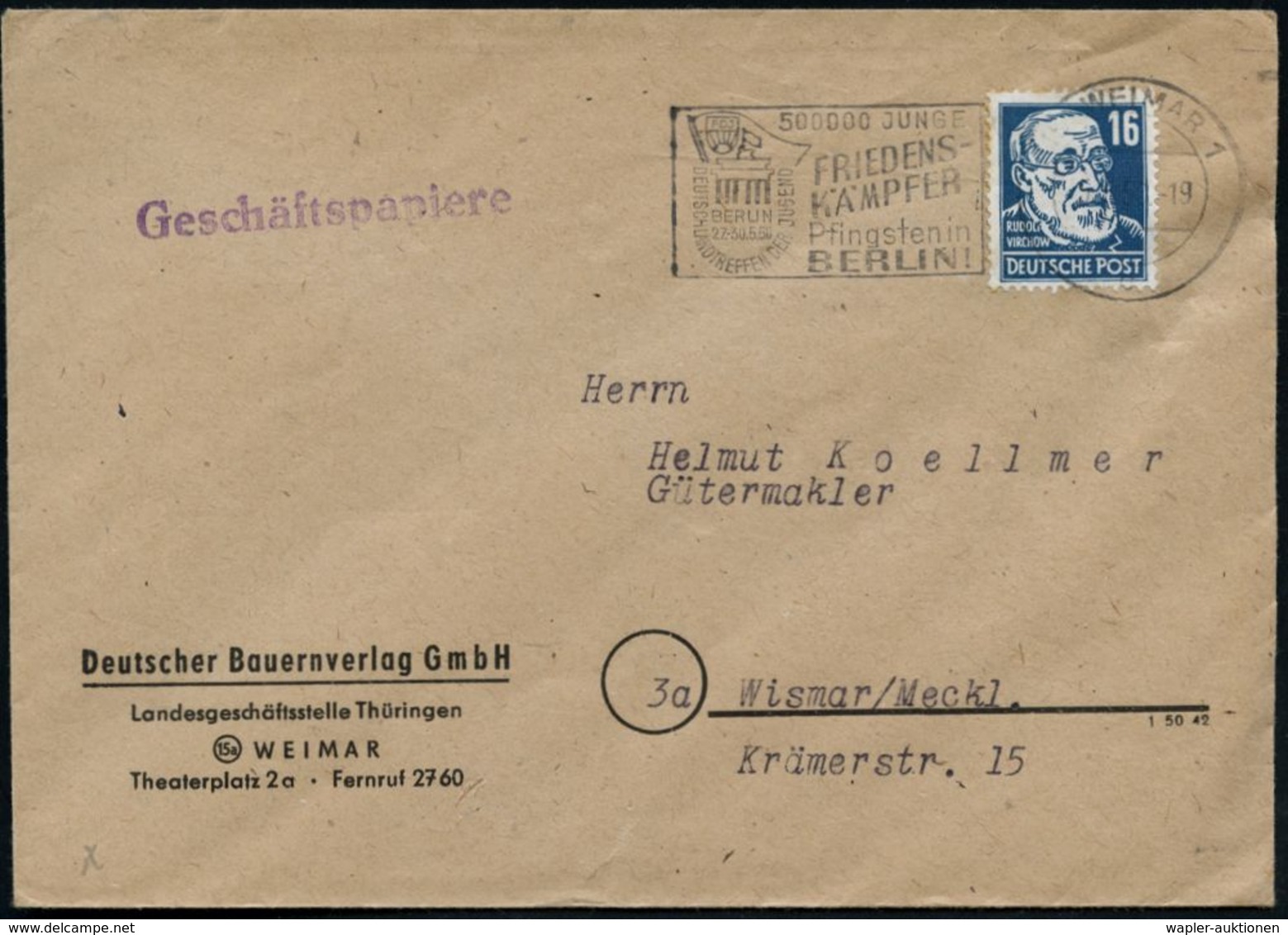 (15) WEIMAR 1/ C/ FDJ/ DEUTSCHLANDTREFFEN DER JUGEND.. 1950 (23.5.) Seltener MWSt = Brandenbg. Tor (u. FDJ-Flagge) Klar  - Monuments