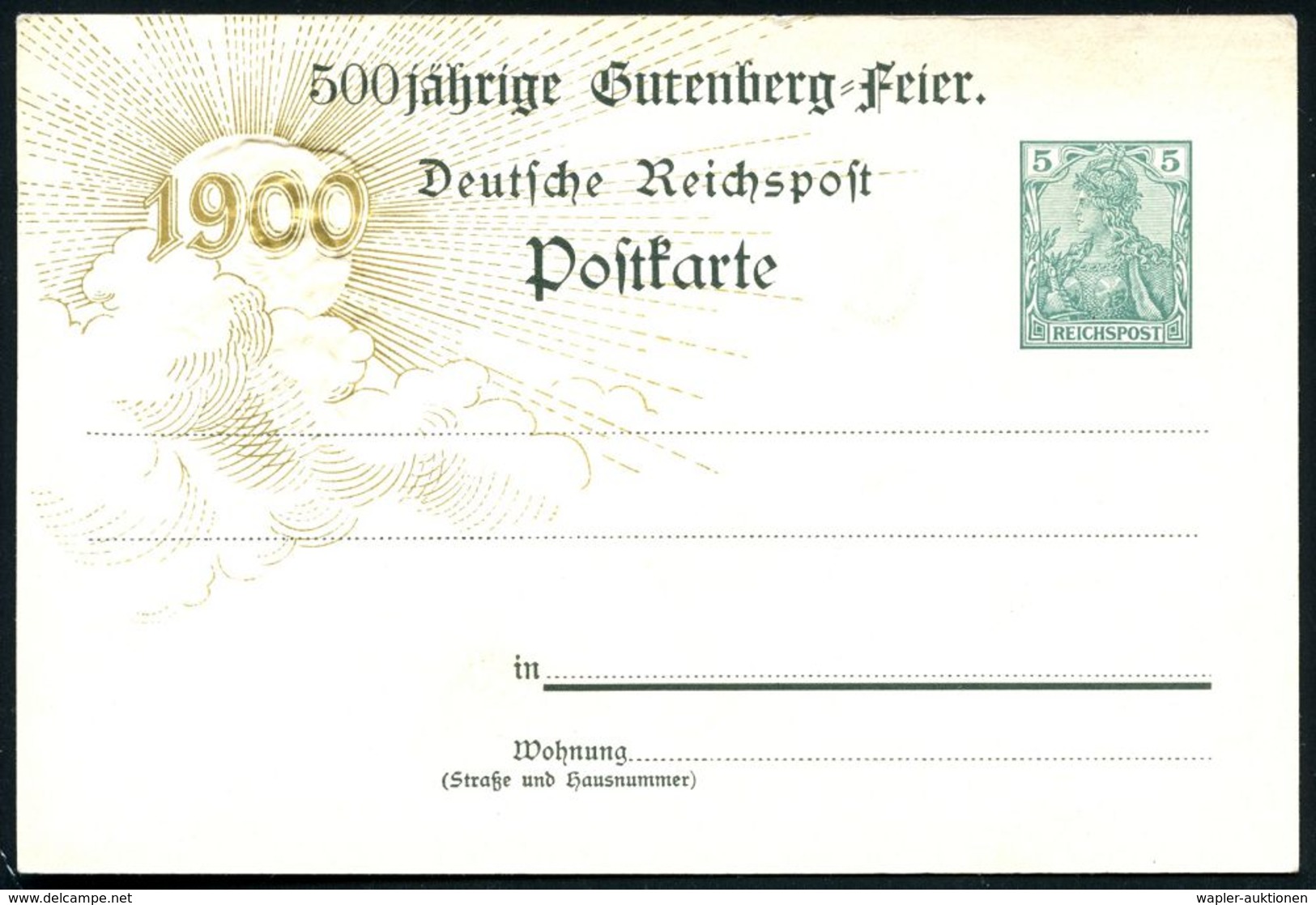 Mainz 1900 PP 5 Pf. Germania "1900": 500 Jährige Gutenbergfeier MAINZ 1900 = Gutenbergdenkmal, Histor. Drucker, Mainz Mi - Zonder Classificatie