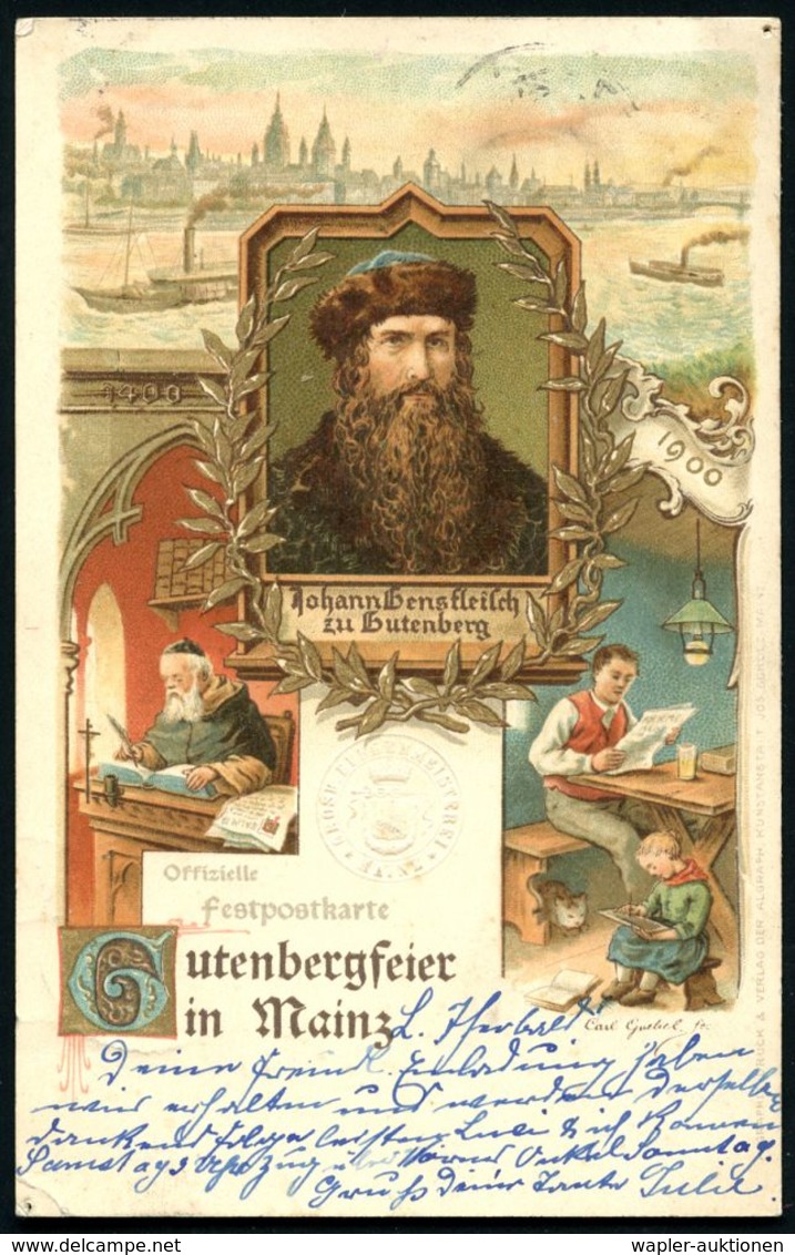 MAINZ/ * 1 D 1900 (27.4.) 1K-Gitter Auf Color-Litho-Jubil.-Ak.: 500-JÄHRIGE GUTENBERG-FEIER MAINZ (4 Ansichten Inkl. Gut - Non Classés