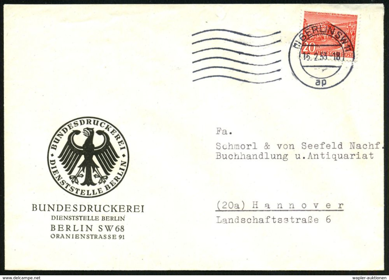 (1) BERLIN SW11/ Ap 1953 (15.2.) MaWellenSt Auf EF 20 Pf. Auf Dienst-Bf.: BUNDESDRUCKEREI/ DIENSTSTELLE BERLIN = Herstel - Ohne Zuordnung
