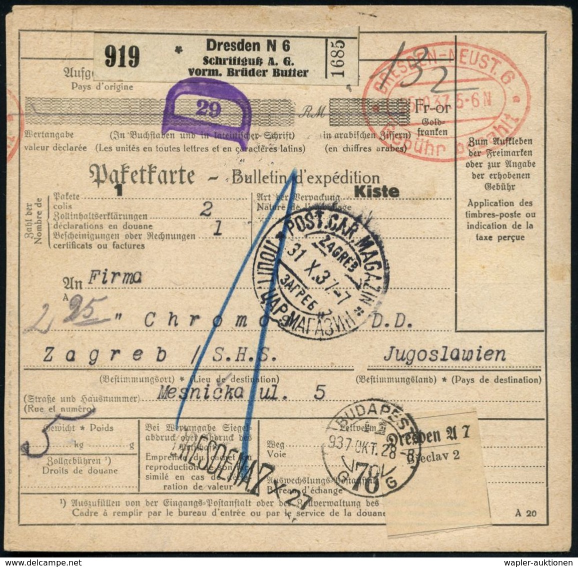 DRESDEN-NEUST.6/ Gebühr Bezahlt 1937 (25.10.) Doppel-Oval Paket-FS + Schw. Selbstbucher-Paketzettel: Dreden N 6/ Schrift - Non Classificati