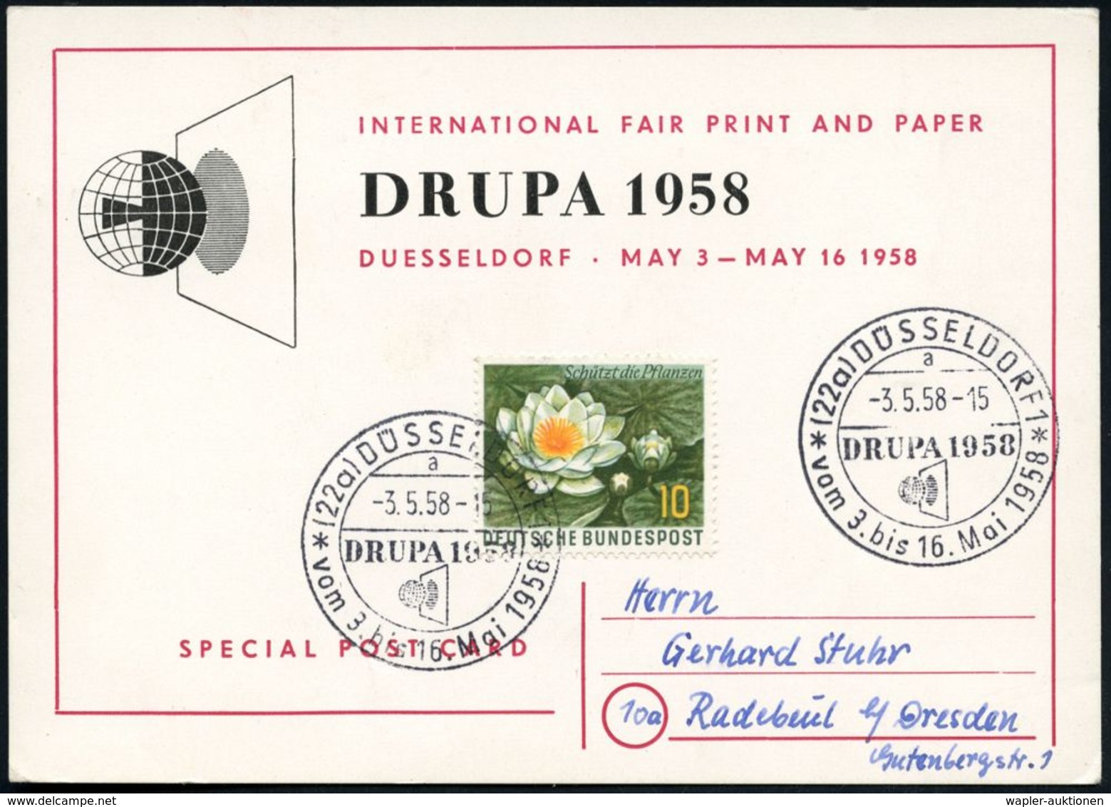 (22a) DÜSSELDORF1/ A/ DRUPA.. 1958 (Mai) SSt = Druck-Tampon Vor Globus ,motivgl. Sonderkarte: INTERNAT. FAIR PRINT AND P - Non Classificati