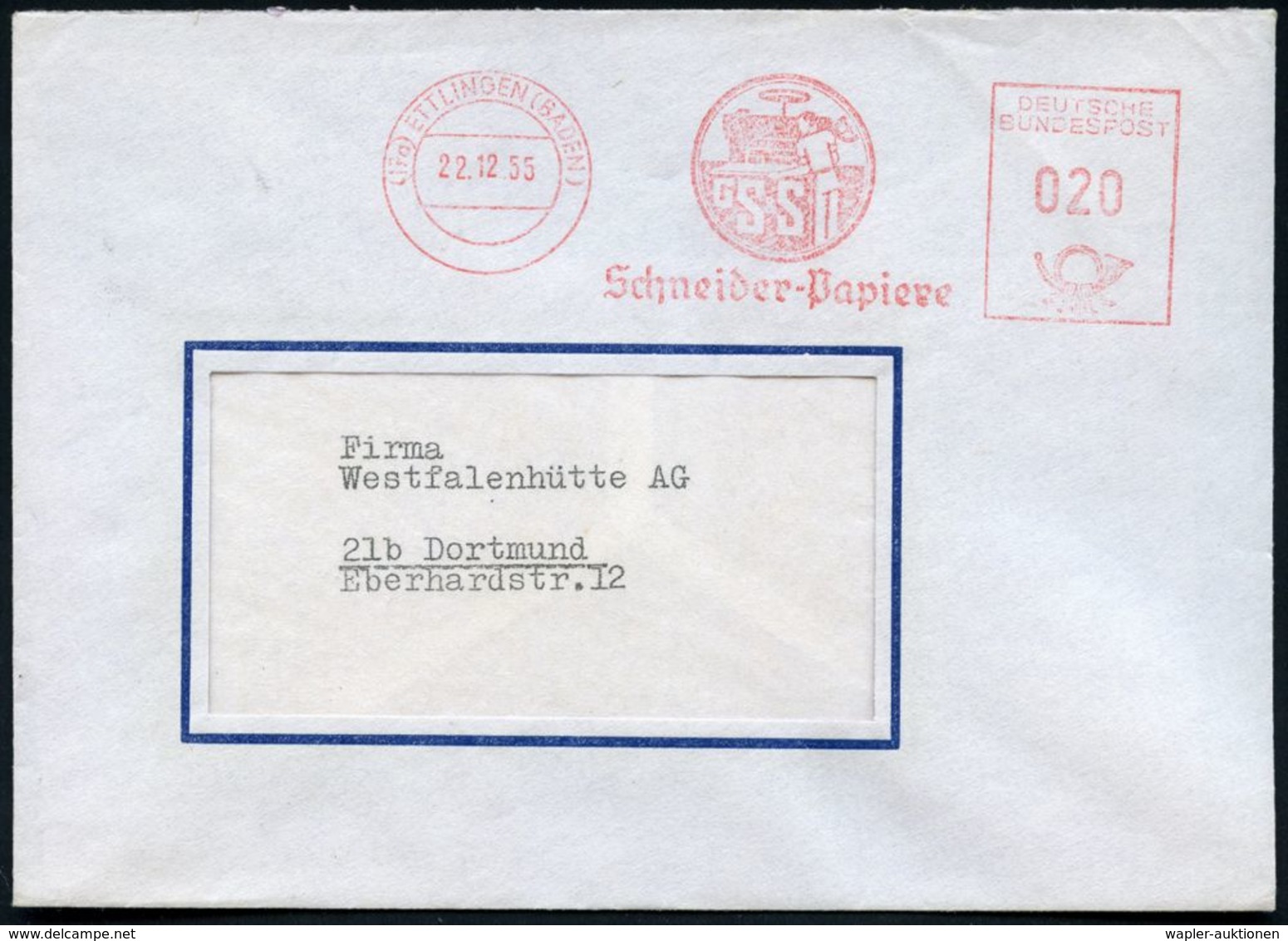 (17a) ETTLINGEN (BADEN)/ GS & S/ Schneider-Papiere 1955 (22.12.) Dekorativer AFS = Mann An Papier-Schneidemaschine (= Fi - Zonder Classificatie
