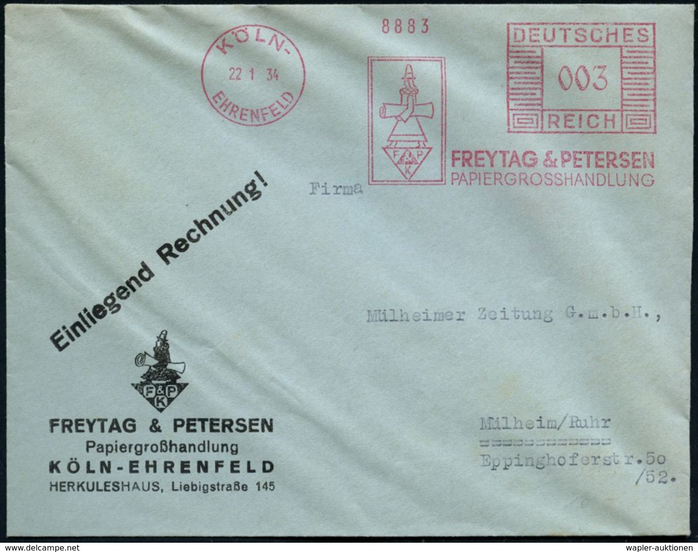 KÖLN-/ EHRENFELD/ FREYTAG & PETERSEN/ PAPIERGROSSHANDLUNG 1934 (22.1.) AFS = Künstler Mit Papierrolle Klar Auf Motivgl.  - Non Classés