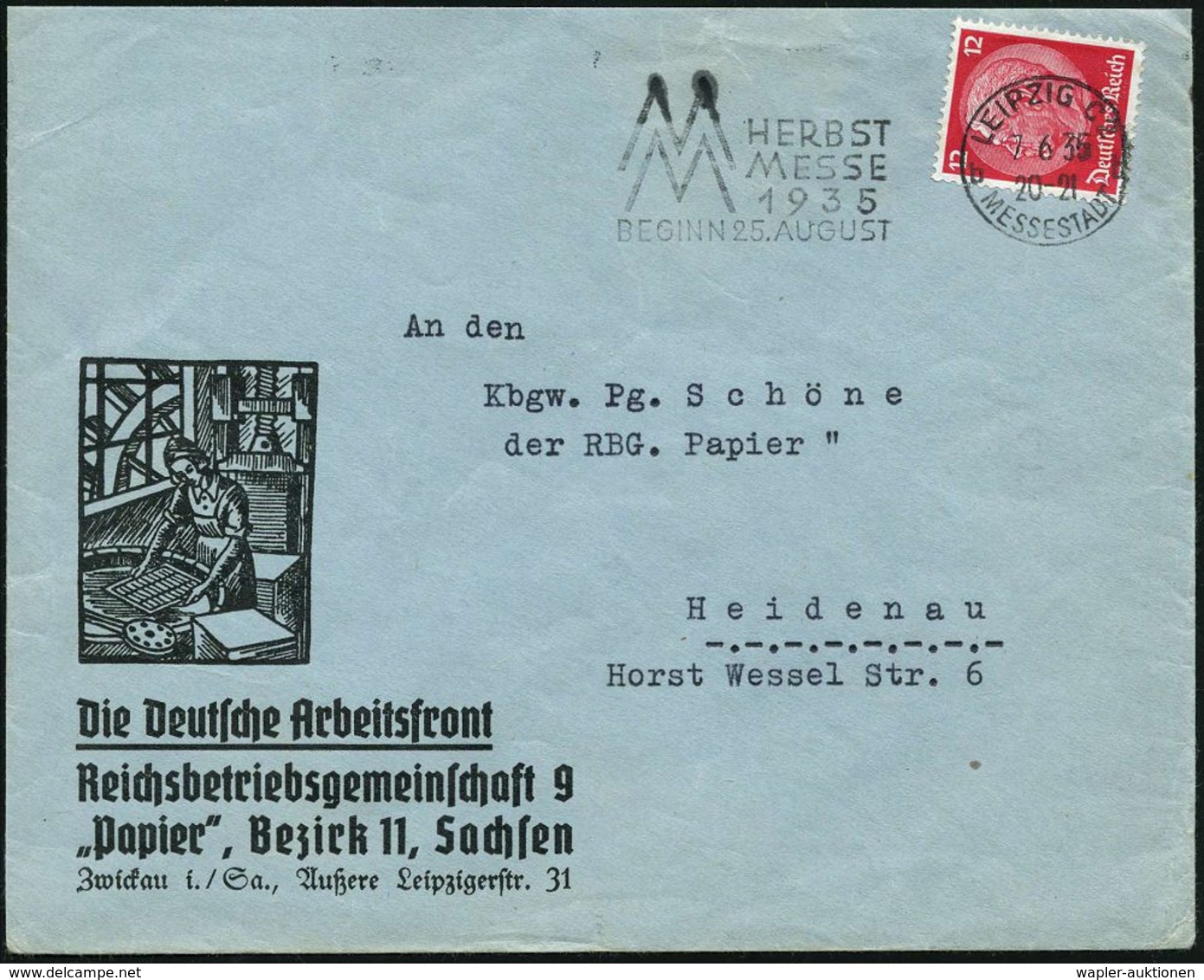 LEIPZIG C2/ Bb/ MESSESTADT/ HERBST/ MESSE.. 1935 (7.6.) MWSt Auf Reklame-Bf: Die Deutsche Arbeitsfront, Reichs-betriebsg - Zonder Classificatie