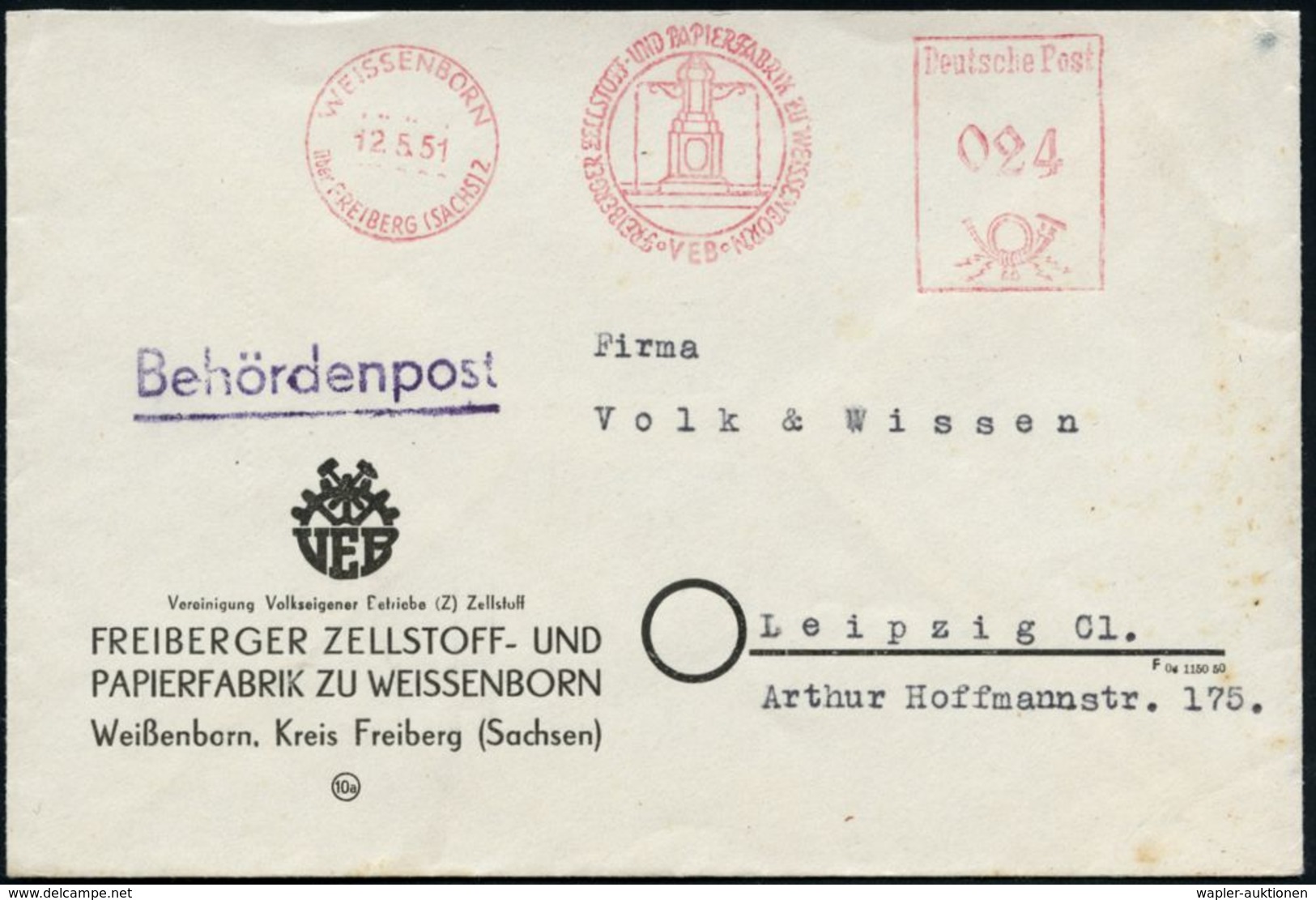 WEISSENBORN/ über FREIBERG (SACHS) 2/ FREIBERGER ZELLSTOFF- UND PAPIERFABRIK.. 1951 (12.5.) AFS = PSt.I-Typ (Firmenlogo: - Zonder Classificatie