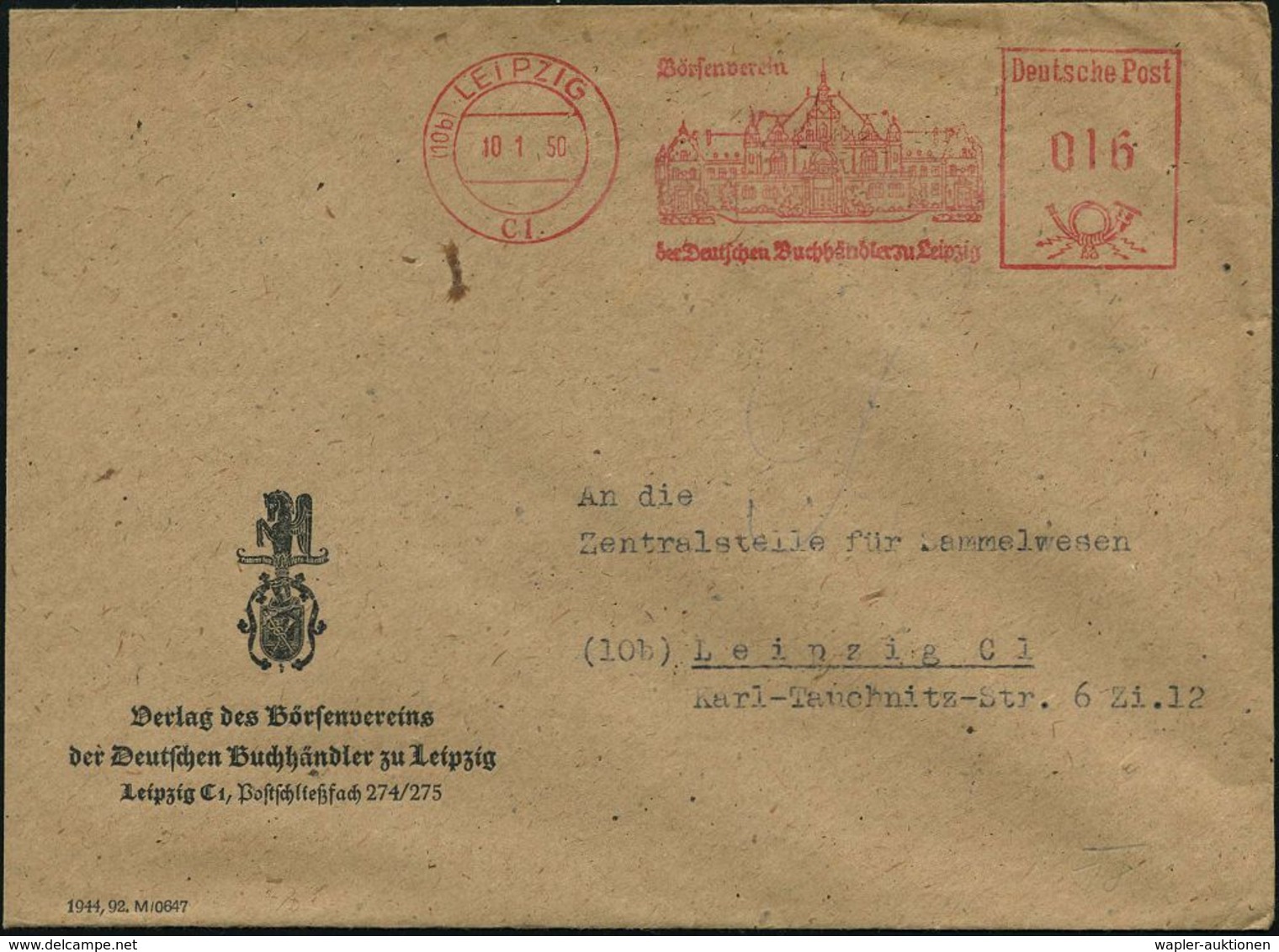 (10b) LEIPZIG/ C1/ Börsenverein/ Der Deutschen Buchhändler Zu Leipzig 1950 (10.1.) AFS = Buchhändlerhaus Unverändertes K - Sin Clasificación