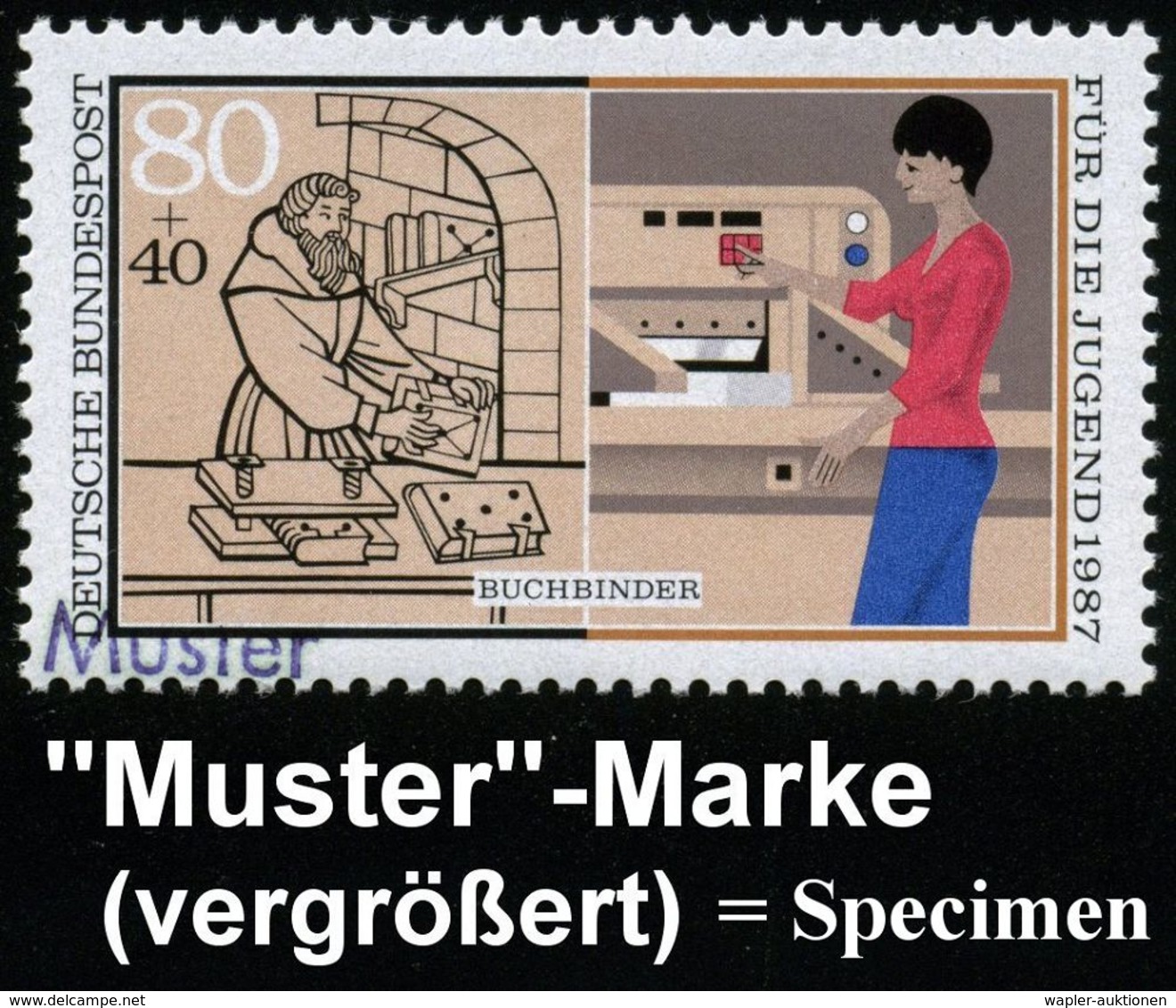 B.R.D. 1987 (Apr.) 80 + 40 Pf. Jugend = Buchbinder Mit Amtl. Handstempel  "M U S T E R" (Motiv Mittelalterl. U. Moderner - Ohne Zuordnung