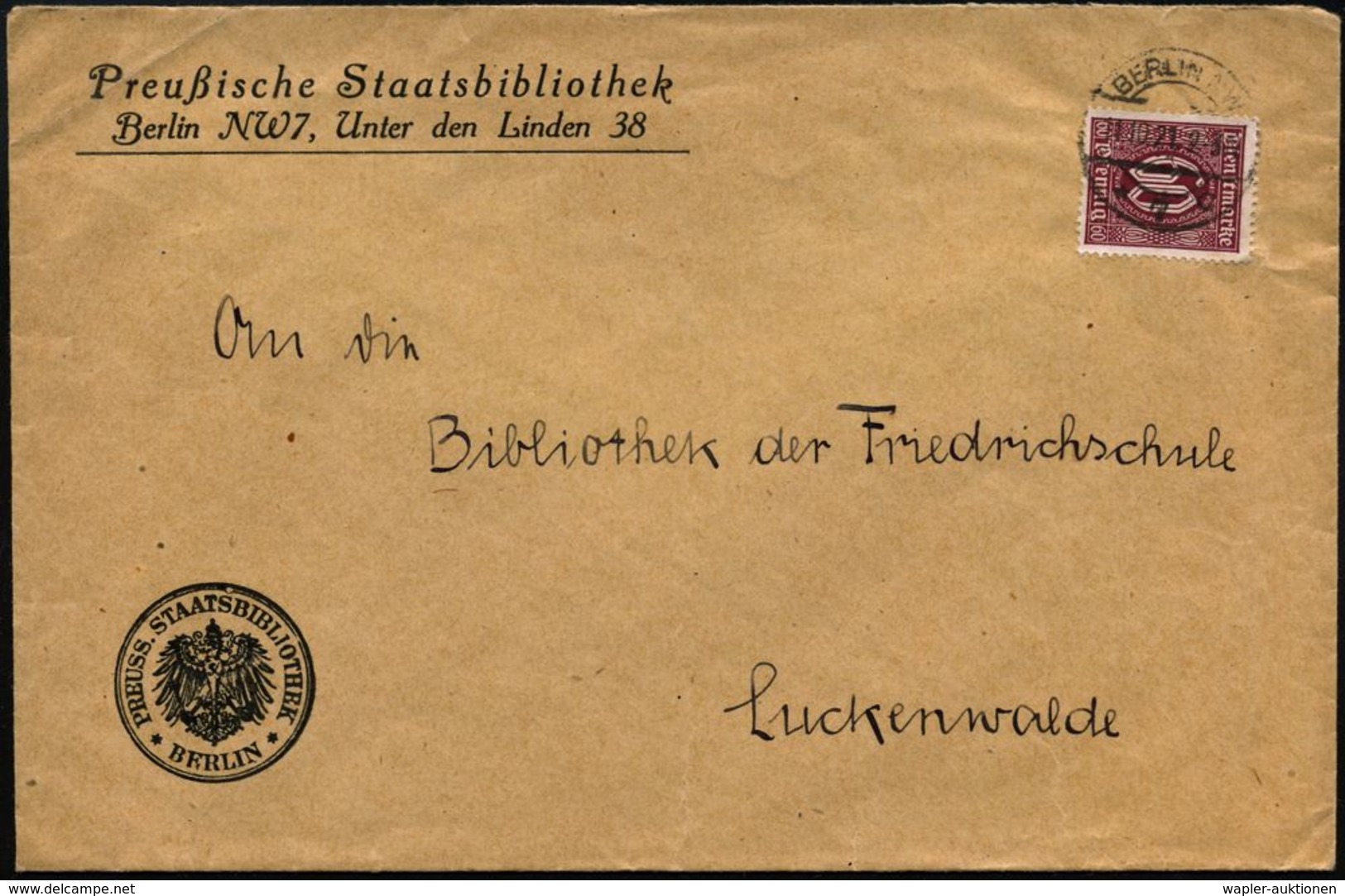 Berlin NW 7 1921 (11.10.) 60 Pf. Dienst, EF Auf Dienst-Bf.: Preußische Staatsbibliothek.. Unter Den Linden 38 Noch Mit K - Non Classificati