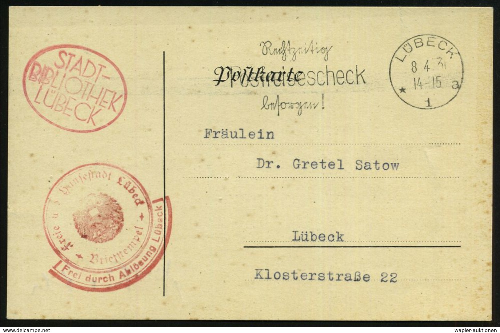 Lübeck 1931 (8.4.) Dienst-Kt., Text: Danksagung Für Buch-Geschenk, Roter HdN: Freie Hansestadt Lübeck/FdAR + Oval-HdN: S - Non Classés