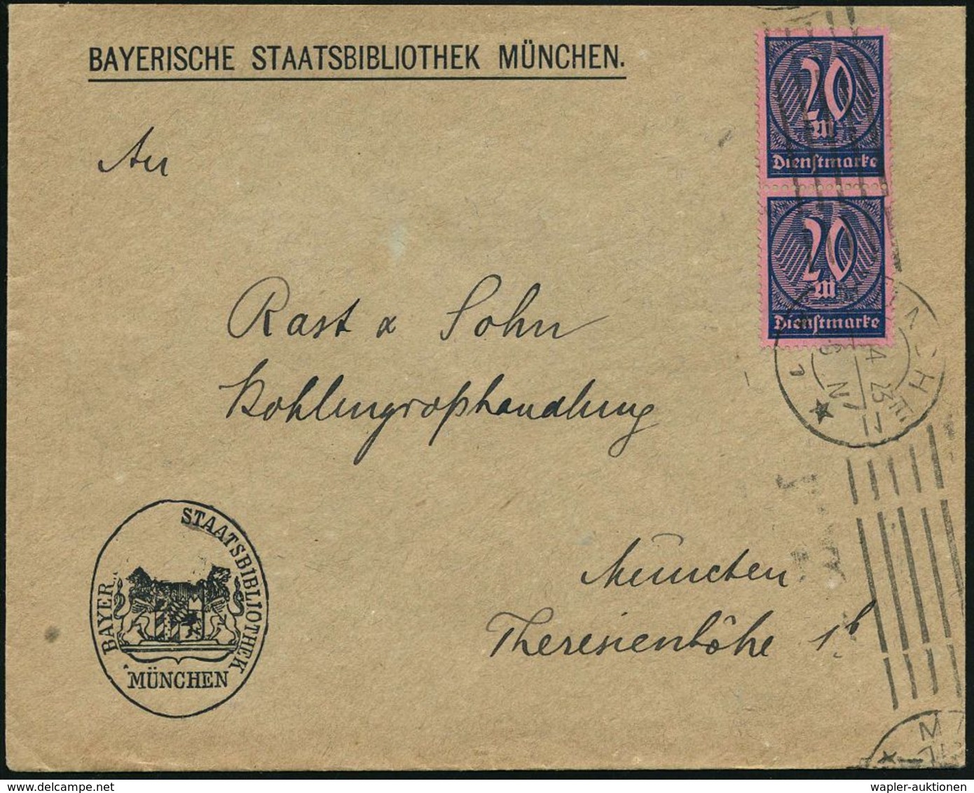 München 1923 (26.4.) Aptierter Dienst-Bf.: BAYER. STAATSBIBLIOTHEK ("KÖNIGL." + Krone Entfernt!) Paar 20 Mk. Dienst, Ort - Ohne Zuordnung