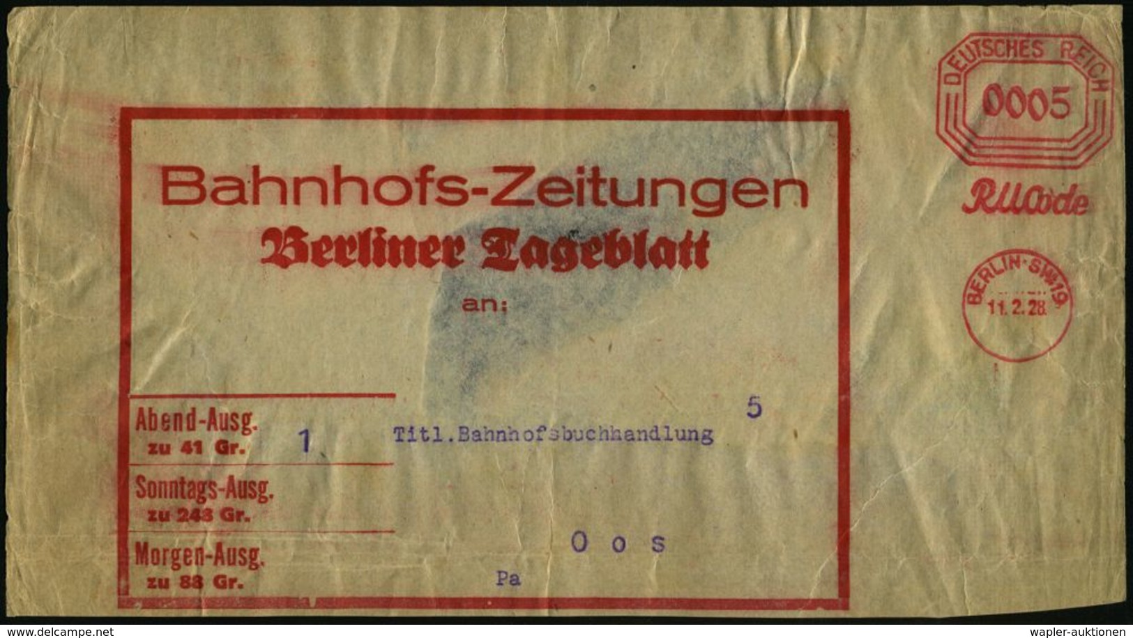 BERLIN SW 19/ RM Code 1928 (11.2.) Seltener AFS-Vorläufer Typ "Bafra" 0005 Pf. (vierstellig) Mit Vertikalachse Auf Vorbi - Sin Clasificación