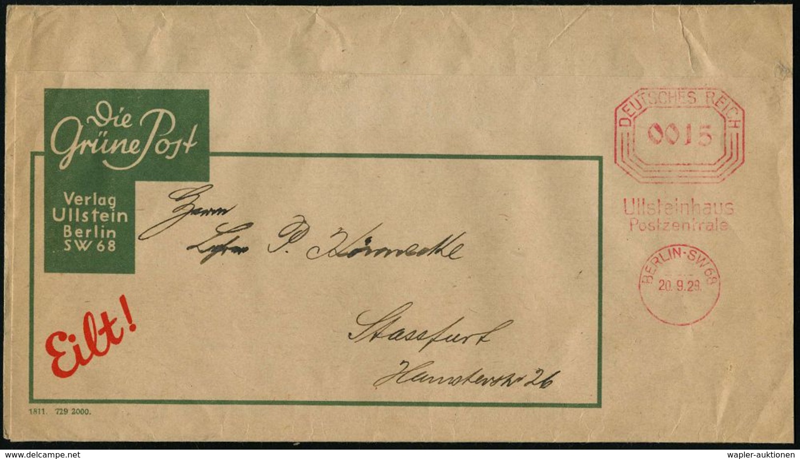 BERLIN SW 68/ Ullsteinhaus/ Postzentral 1929 (20.9.) Seltener AFS-Vorläufer "Bafra" 0015 Pf. (Vertikalachse) Auf Zeitung - Non Classificati