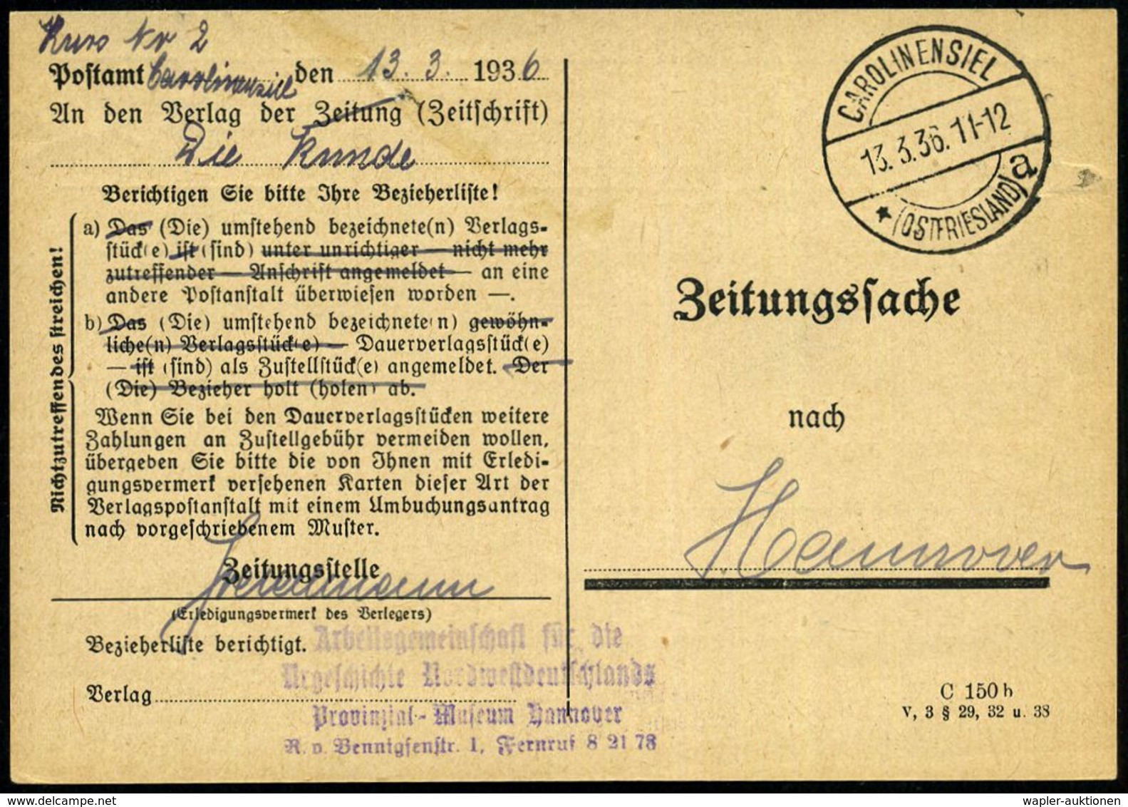 CAROLINENSIEL/ *(OSTFRIESLAND)/ A 1936 (13.1.) 1K-Brücke + Viol. 4L: Arbeitsgemeinschaft Für Die Urgeschichte Nordwest-d - Sin Clasificación