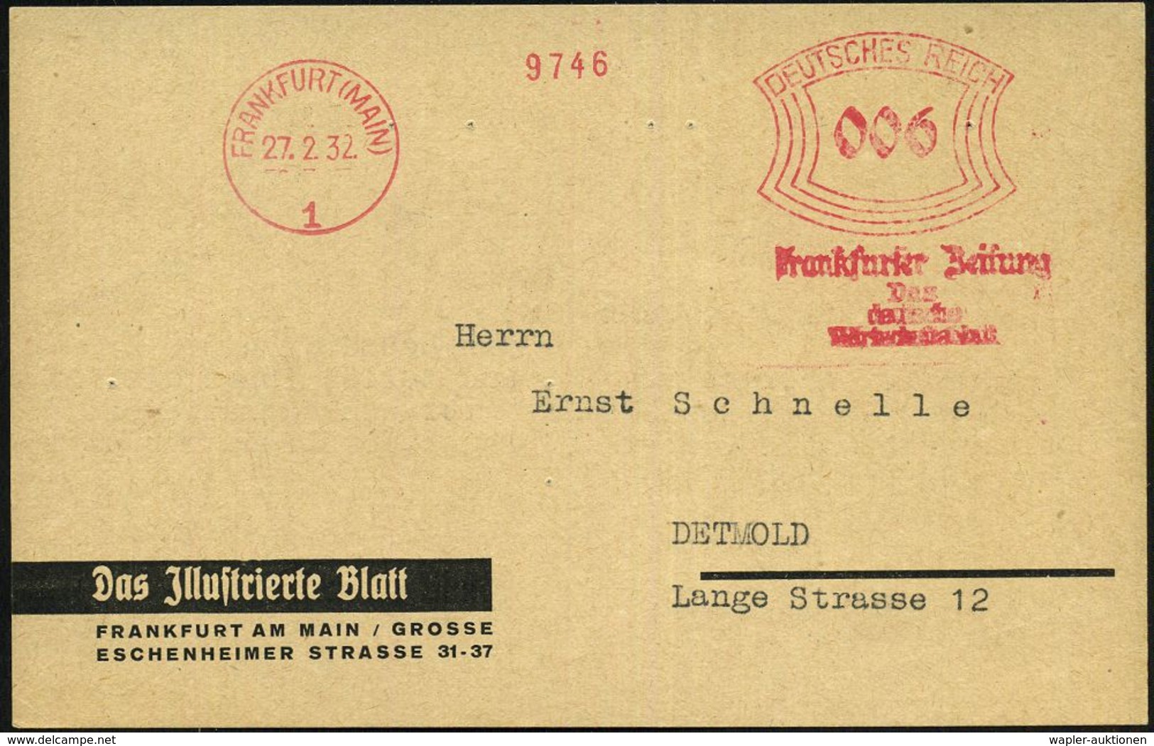 FRANKFURT (MAIN)/ 1/ Frankfurter Zeitung/ Das/ Deutsche/ Wirtschaftsblatt 1932 (27.2.) AFS (abgenutzte Maschine) Auf Fir - Ohne Zuordnung