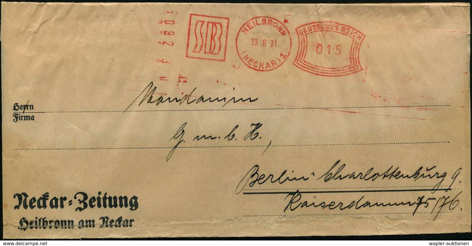 HEILBRONN/ (NECKAR)1/ S B 1931 (13.6.) Seltener AFS, Typ "Komusina" 015 Pf. Auf Zeitungs-Sb: Neckar=Zeitung (vs. Geöffne - Ohne Zuordnung