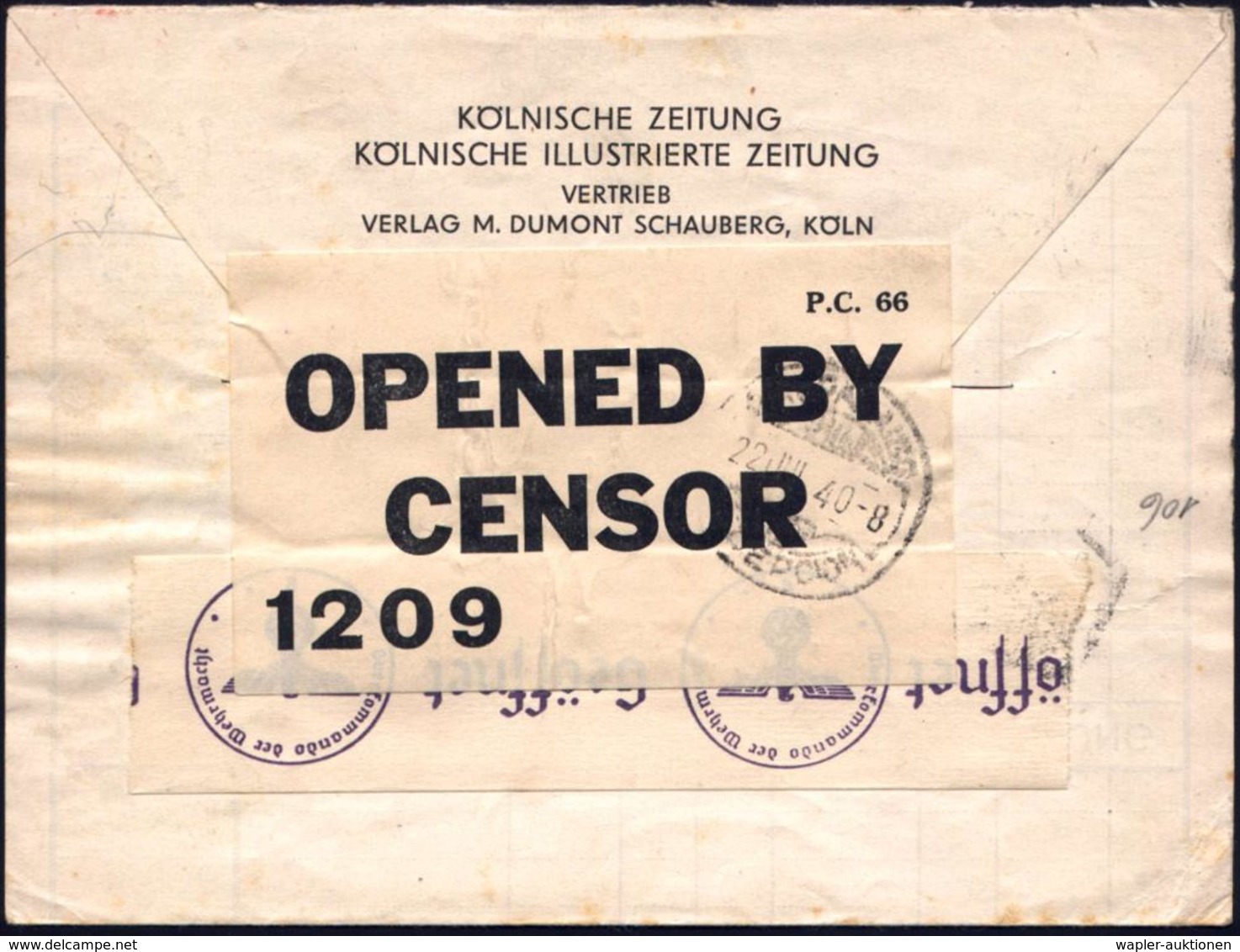 KÖLN 1/ Bz 1940 (4.4.) 2K-Steg Auf EF 25 Pf. Hindenbg. Mit Firmenlochung "K. Z." = K (ölnische) Z(eitung) , Rs. Abs.-Vor - Zonder Classificatie