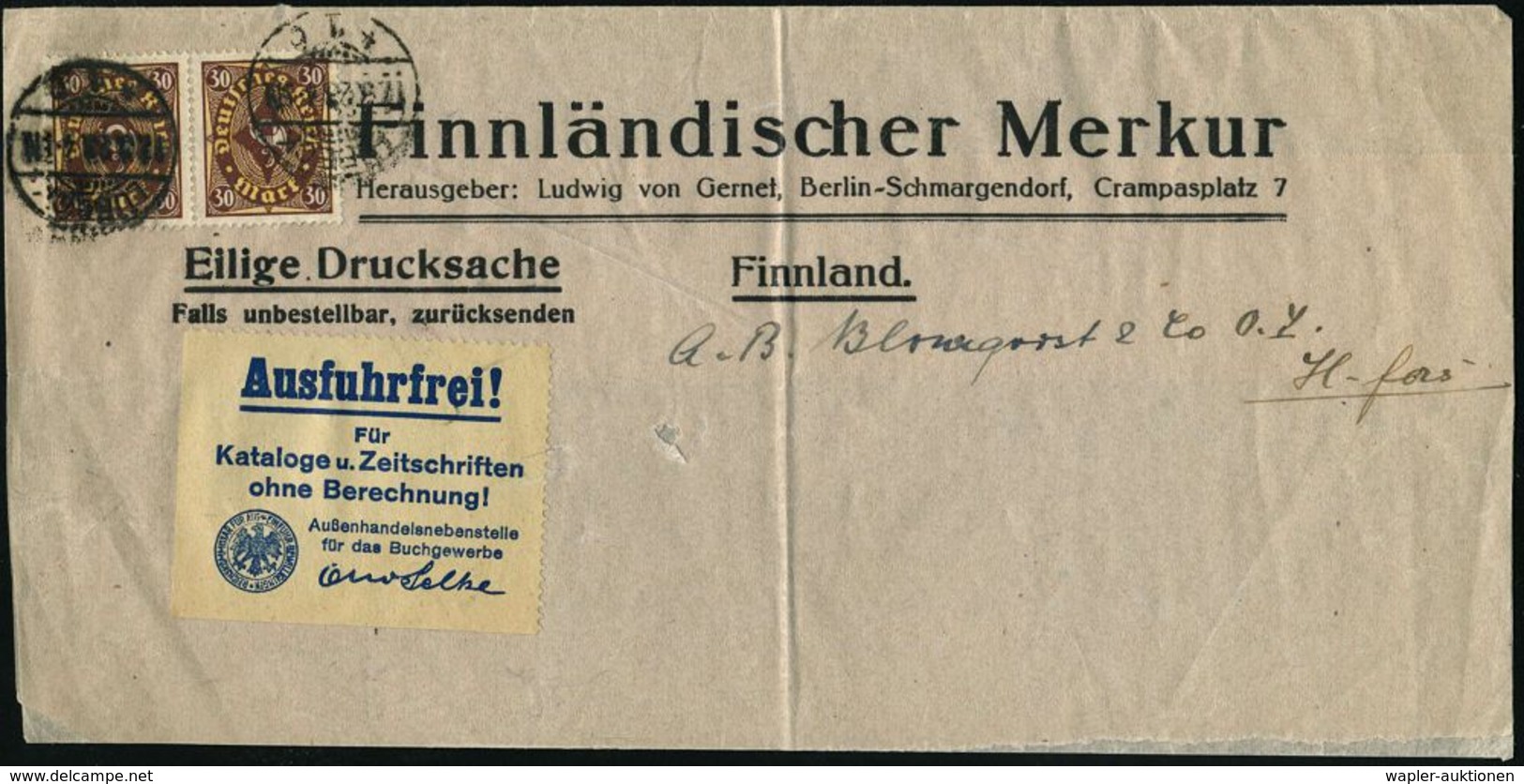 LÜBECK/ *1c 1923 (17.3.) 1K-Gitter Auf Paar Posthorn 30 Mk. + Bl. Aufkleber: Ausfuhrfrei!..Außenhandelnebenstelle/für Da - Non Classificati