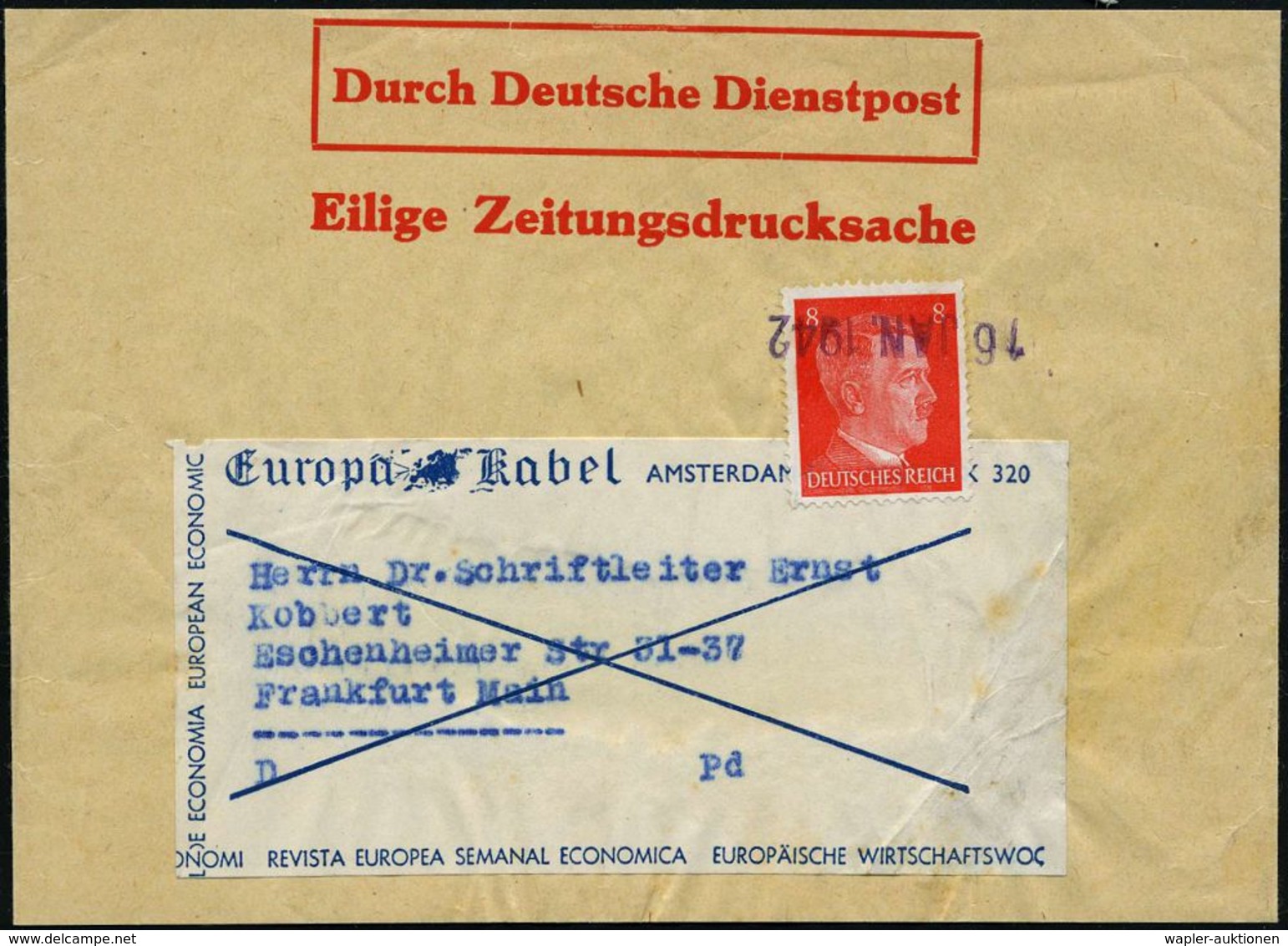 DT.BES.NIEDERLAND 1942 (16.1.) 8 Pf. Hitler + Viol. Datums-1L Auf Zeitungs-Sb.: Durch Deutsche Dienstpost/..Europa Kabel - Non Classificati