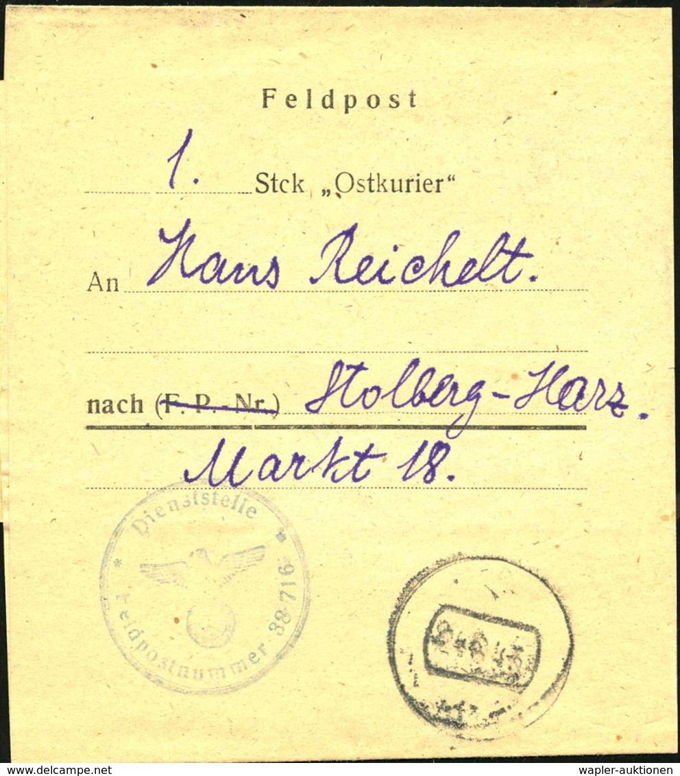 DT.BES.UKRAINE 1943 (24.6.) Aptierter, Stummer Sowjet. 1K Auf Feldpost-Zeitungs-Sb: "Ostkurier" + Bl.HdN: Fp.Nr. 38 716  - Non Classificati