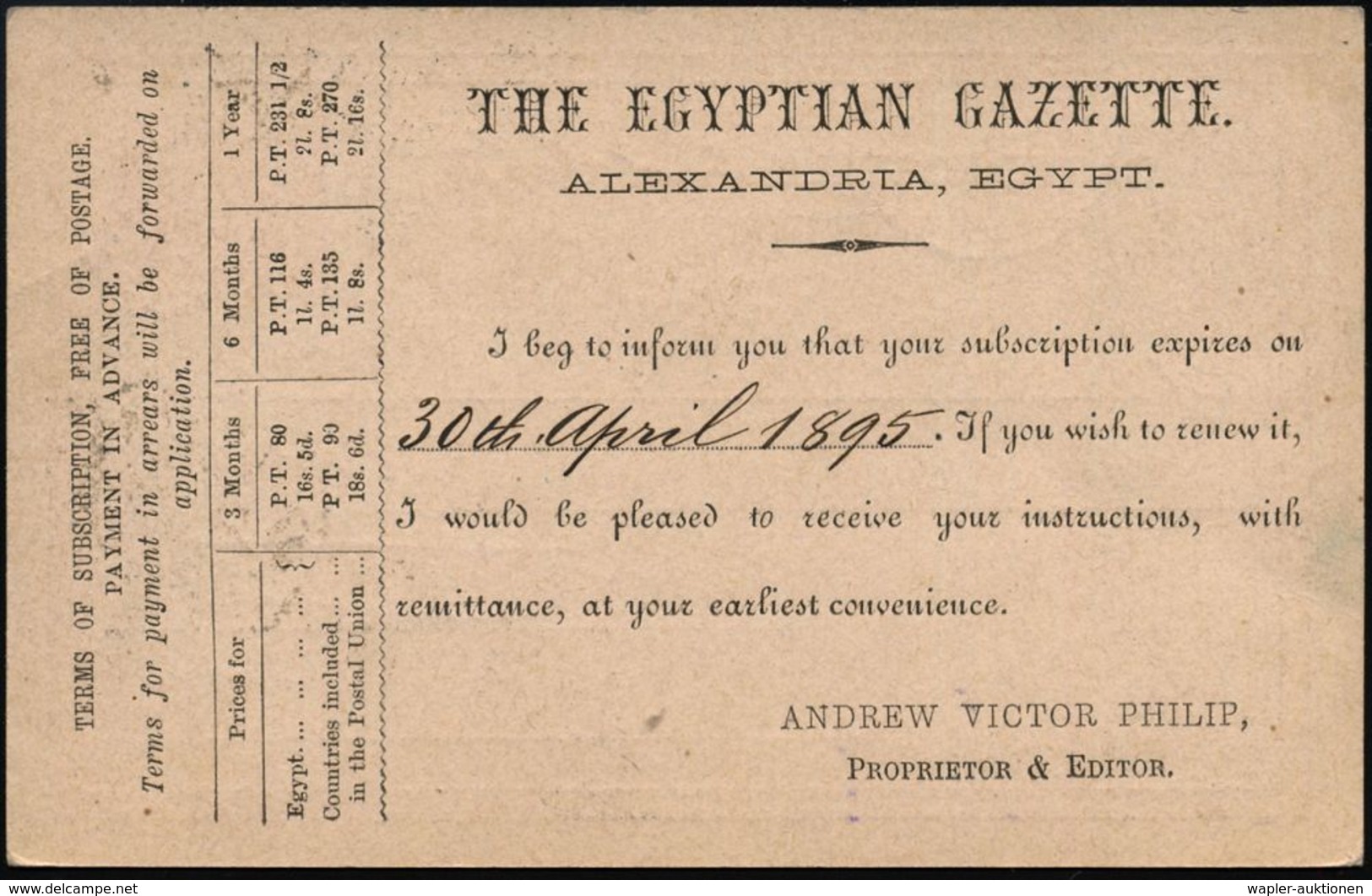 ÄGYPTEN 1895 (30.4.) Amtl. Inl.-P 3 M. "Sphinx/Pyramide", Rs. Firmen-Zudruck:  THE EGYPTIAN GAZETTE/ALEXANDRIA.. (engl.  - Ohne Zuordnung