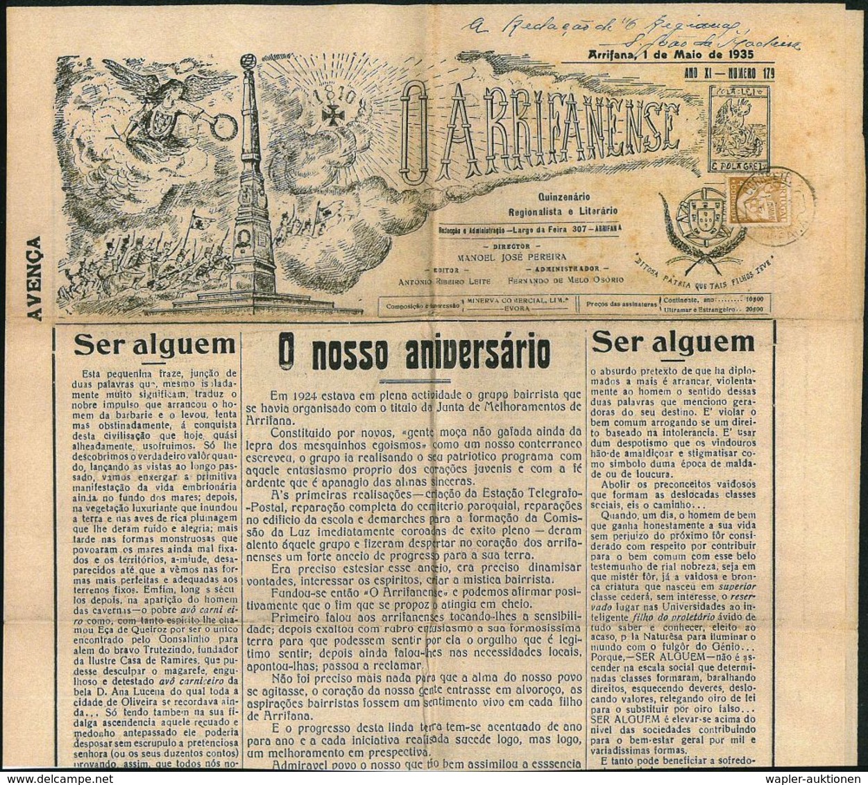 PORTUGAL 1935 (1.3.) 4 C. Freimarke (Diana-Tempel) EF Auf Frankierter, Kompletter Zeitung "OARRIFANENSE" Aus Arrifana Mi - Zonder Classificatie