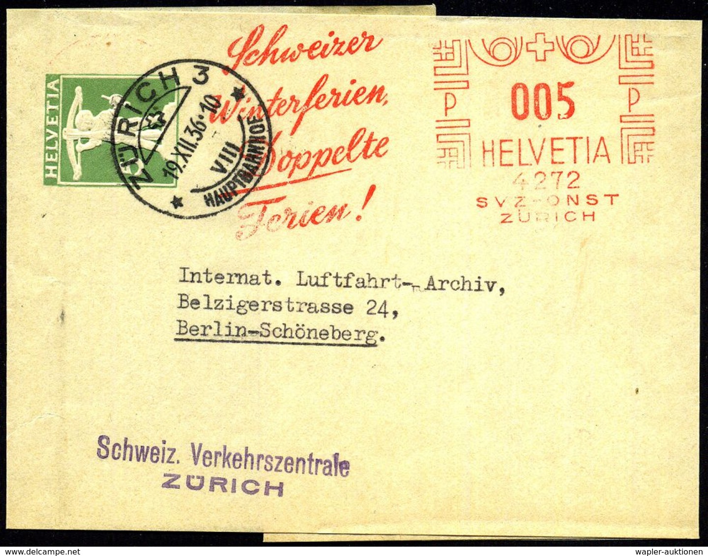 SCHWEIZ 1936 (19.12.) Zeitungs-Sb. 5 C.Tellknabe, Grün (gest Zürich 3) Aufgwertet Durch AFS (ohne Ortsstempel): ZÜRICH/  - Ohne Zuordnung