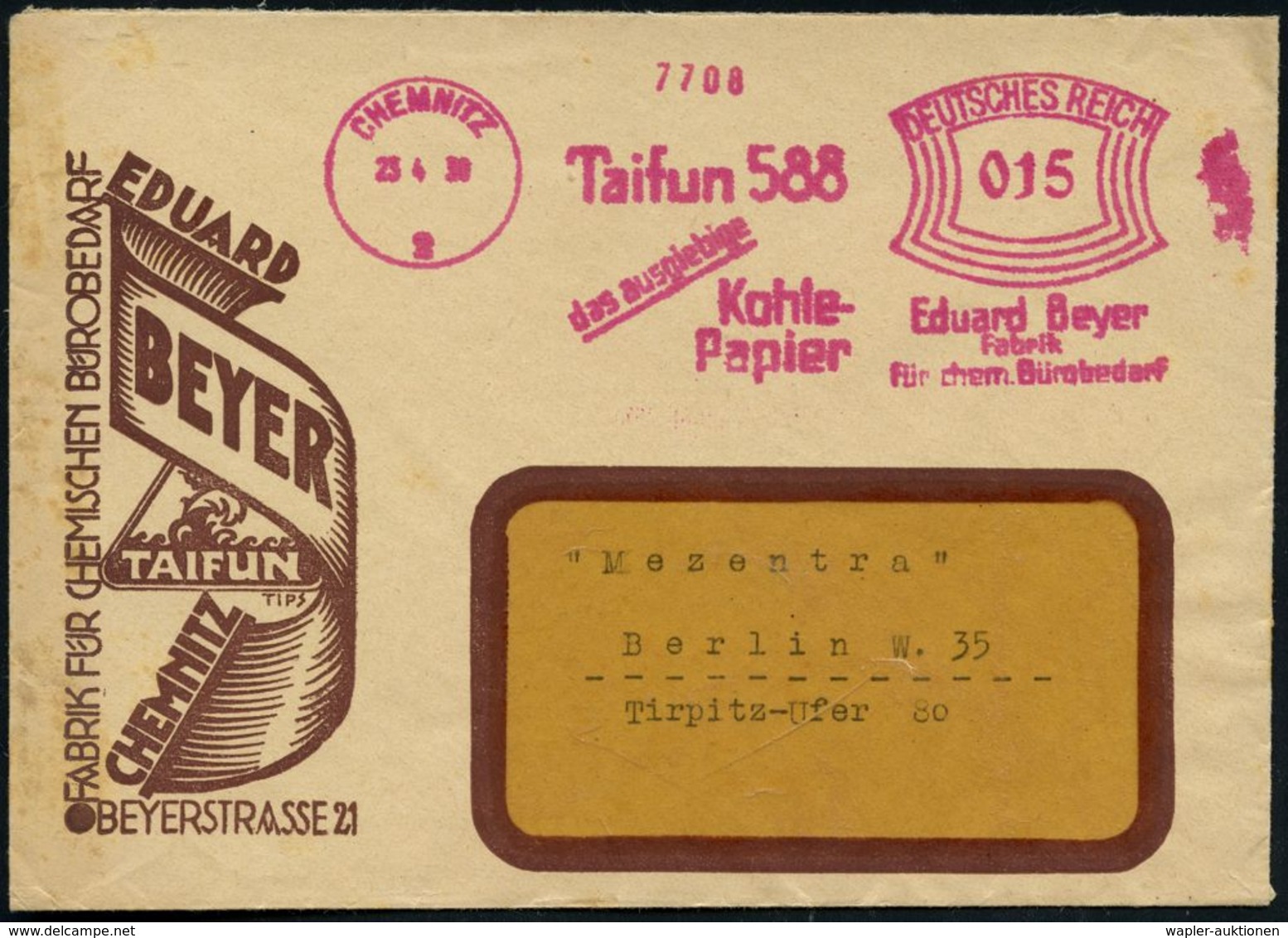 CHEMNITZ/ 2/ Taifun 588/ Das Ausgiebige/ Kohle-/ Papier/ Eduard Beyer.. 1930 (23.4.) Rotviol. AFS Auf Reklame-Bf.: EDUAR - Non Classés