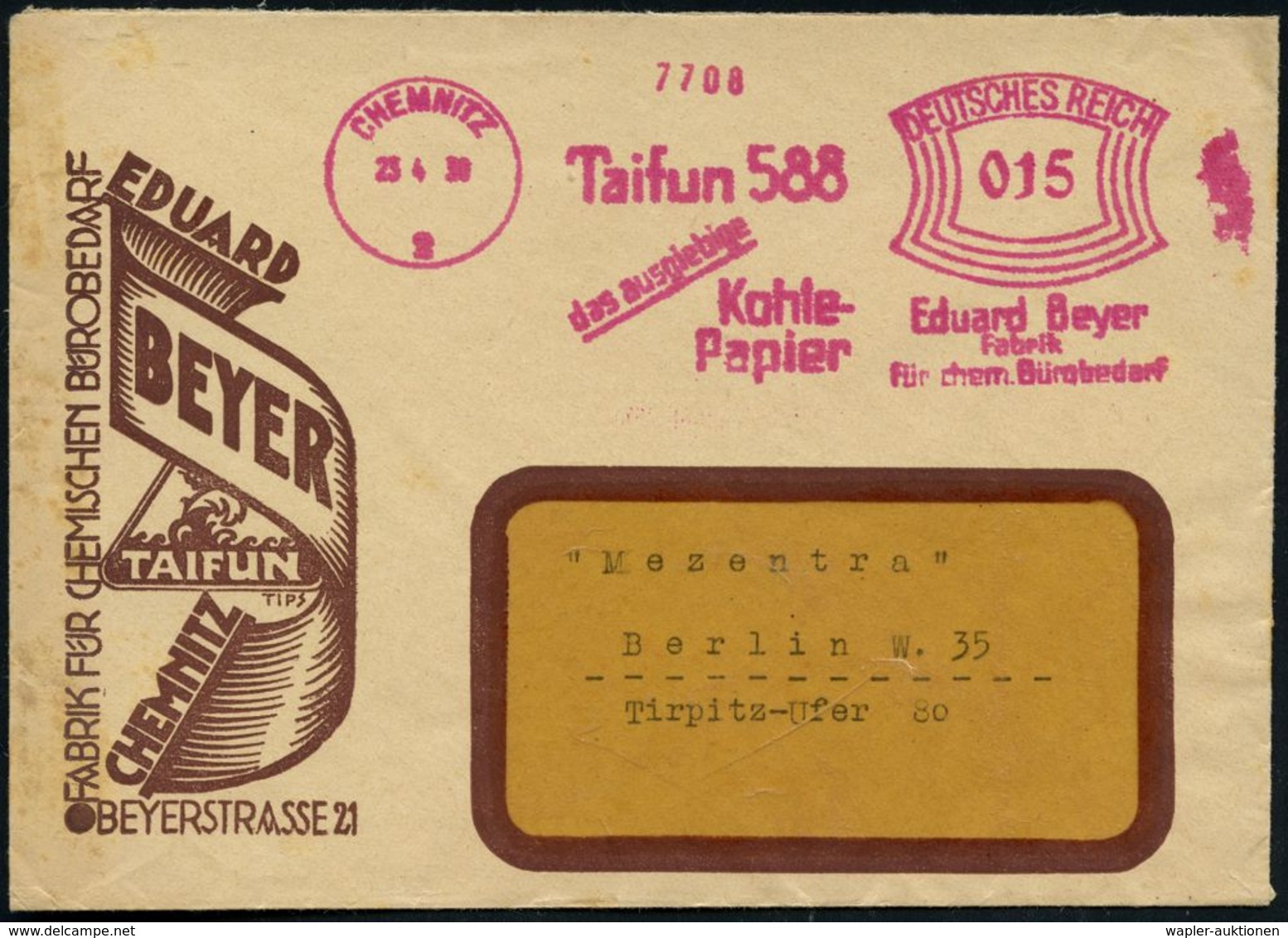 CHEMNITZ/ 2/ Taifun 588/ Das Ausgiebige/ Kohle-/ Papier/ Eduard Beyer.. 1930 (23.4.) Rotviol. AFS Auf Reklame-Bf.: EDUAR - Non Classificati