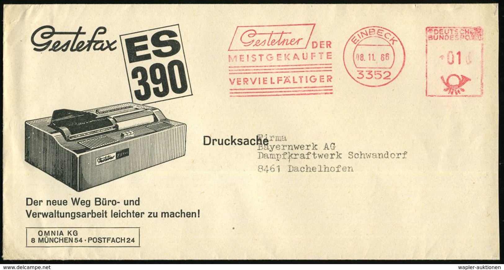 3352 EINBECK/ Gestetner/ DER/ MEISTGEKAUFTE/ VERVIELFÄLTIGER 1966 (8.11.) AFS Auf Reklame-Bf.: Gestefax ES 390 = Frühes  - Zonder Classificatie