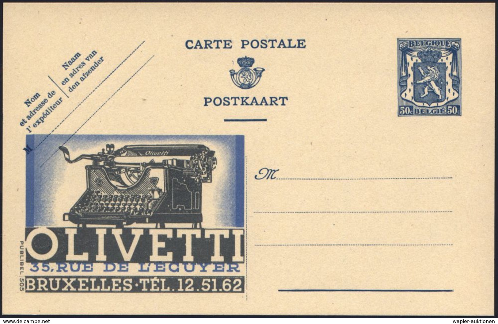 BELGIEN 1941 50 C. Reklame-P. Löwe, Blau: OLIVETTI.. = Büro-Schreibmaschine , Ungebr. (Mi.P 210 A I / 505) - BÜRO / SCHR - Non Classificati