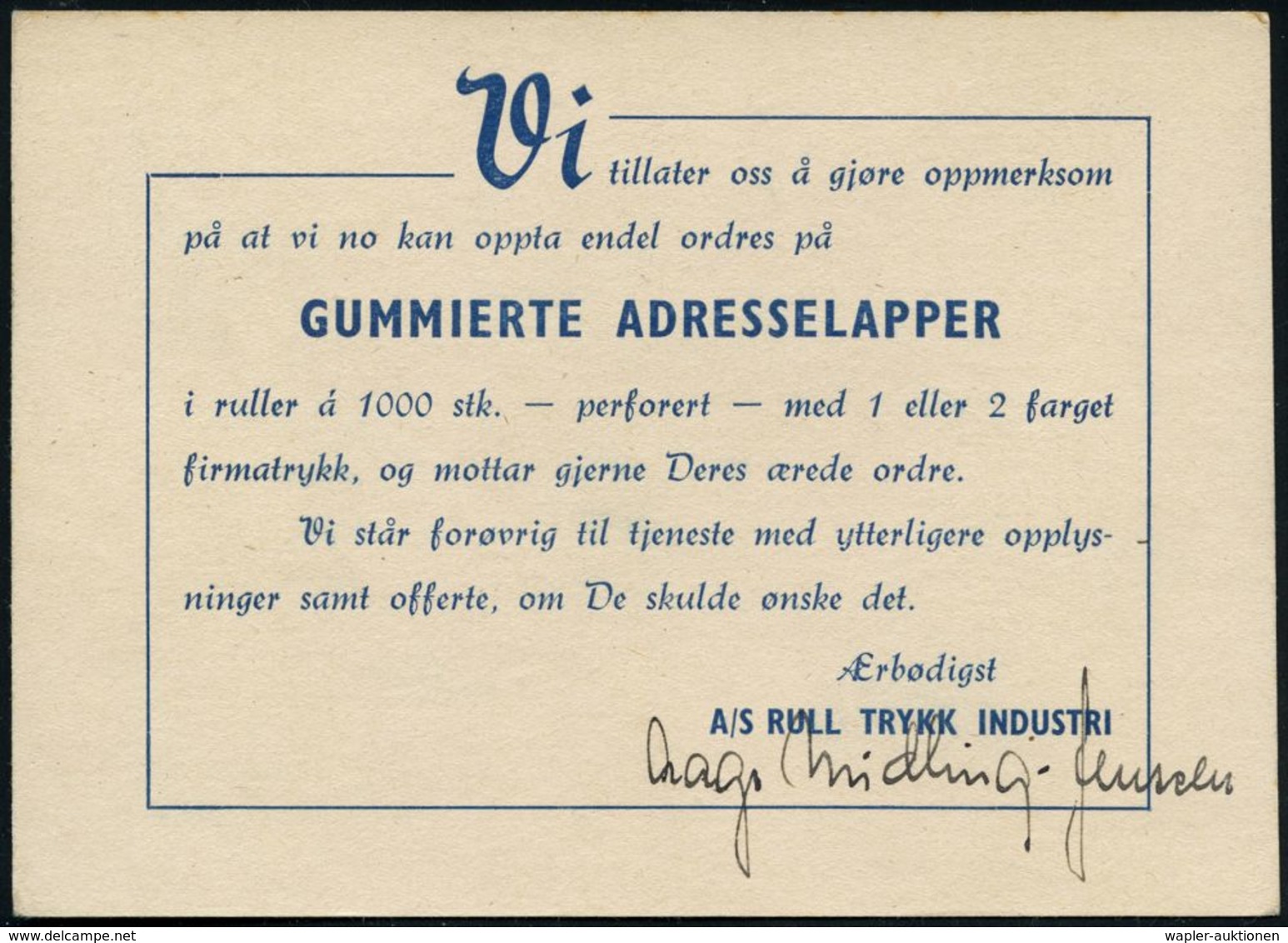 NORWEGEN 1944 (12.2.) Reklame-PP 10 Ö. Wappenlöwe, Grün: Rull Trykk INDUSTRIE OSLO.. = Endlosformular In Schreib-maschin - Non Classificati