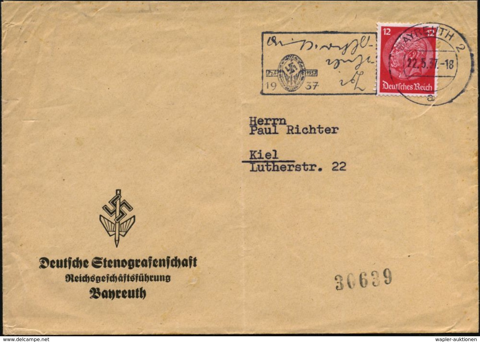 BAYREUTH 2/ A/ Kurzschrift-,Schreibmaschinen-Meisterschaften.. 1937 (22.5.) MWSt In Steno! (Steno-Logo) Motivähnl. Vordr - Unclassified