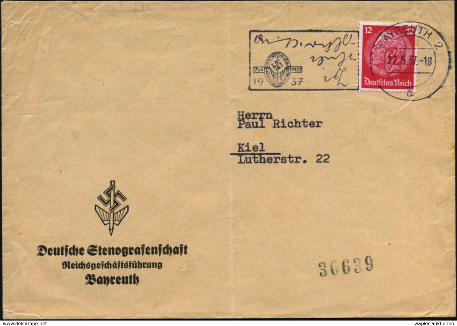 BAYREUTH 2/ A/ Kurzschrift-,Schreibmaschinen-Meisterschaften.. 1937 (22.5.) MWSt In Steno! (Steno-Logo) Motivähnl. Vordr - Non Classés