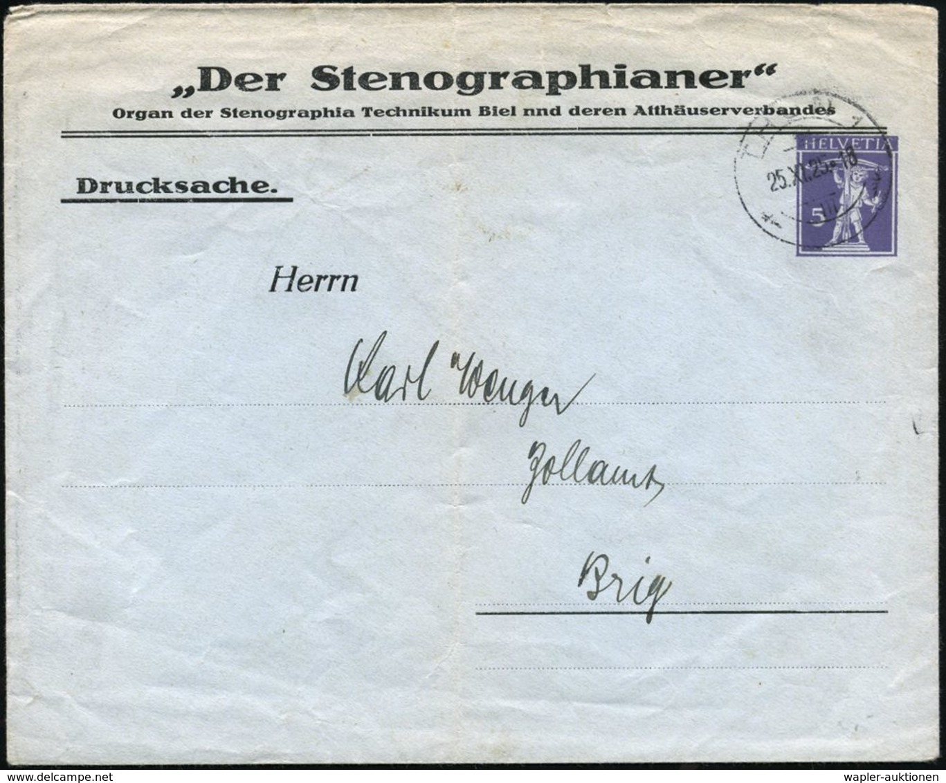 SCHWEIZ 1925 (25.11.) PU 5 C. Tellknabe, Viol.: "Der Stenographer", Organ Der Stenographia Technikum Biel.. (Mittelfalte - Non Classificati