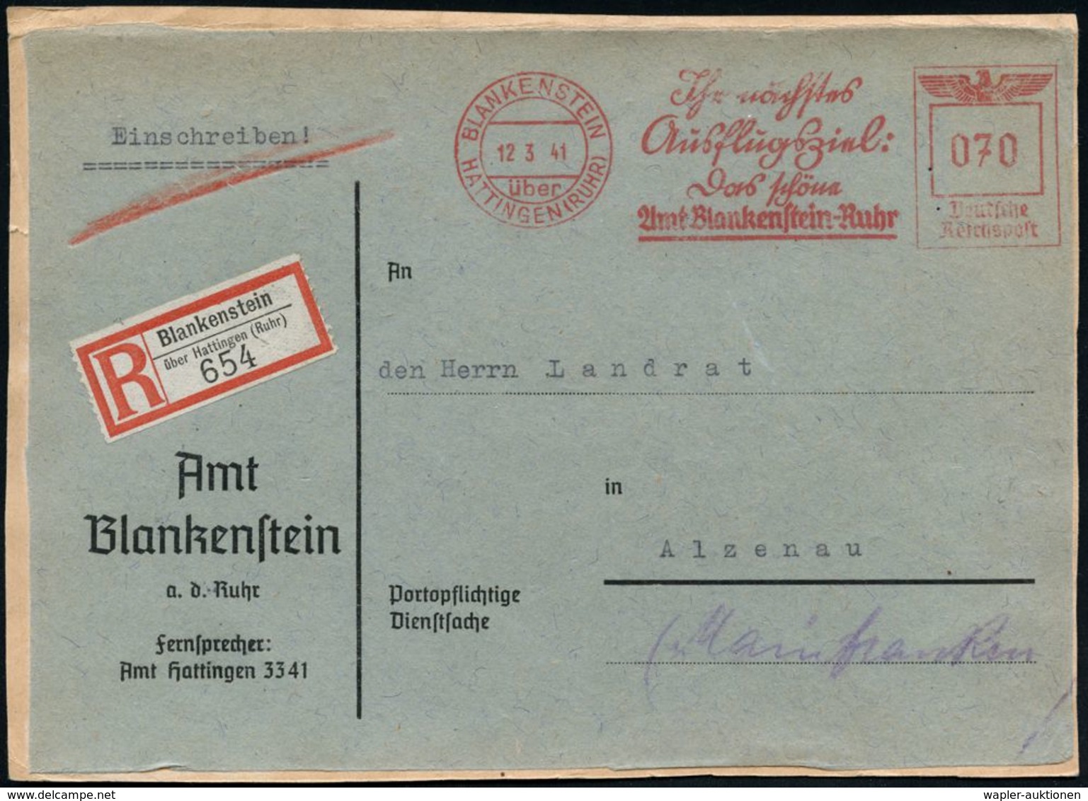 BLANKENSTEIN/ über/ HATTINGEN (RUHR)/ Jhr Nächstes/ Ausflugsziel:/ Das Schöne/ Amt Blankenstein.. 1941 (12.3.) AFS 070 P - Non Classificati