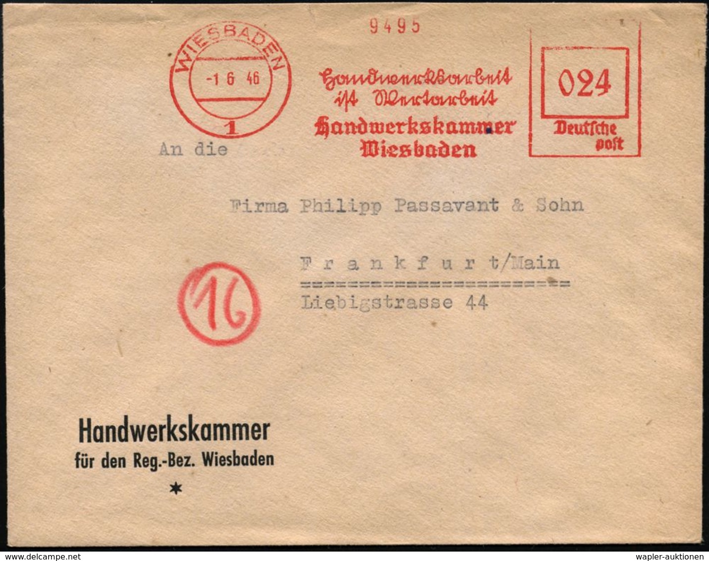 WIESBADEN/ 1/ Handwerksarbeit/ Ist Wertarbeit/ Handwerkskammer 1946 (1.6.) Seltener, Aptierter AFS = NS-Adler Entfernt,  - Ohne Zuordnung