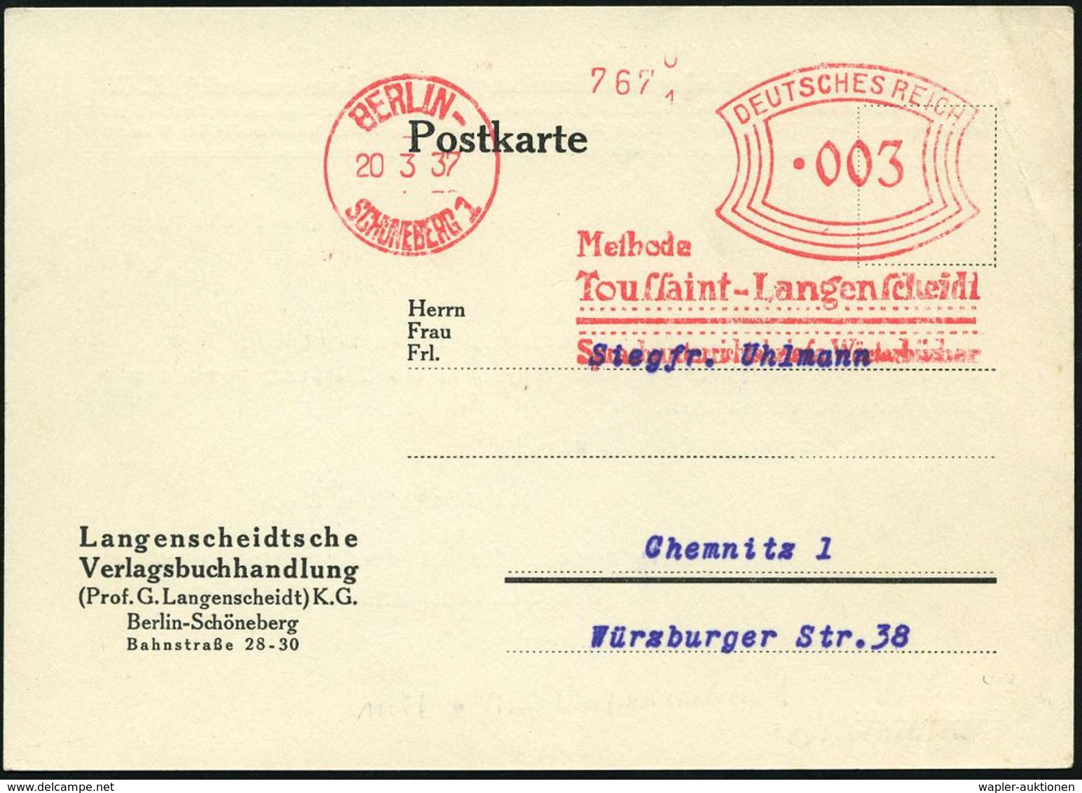 BERLIN-/ SCHÖNEBERG1/ Methode/ Toussaint-Langenscheidt/ Sprachunterrichtsbriefe Wörterbücher 1937 (20.3.) Seltener AFS-T - Autres & Non Classés