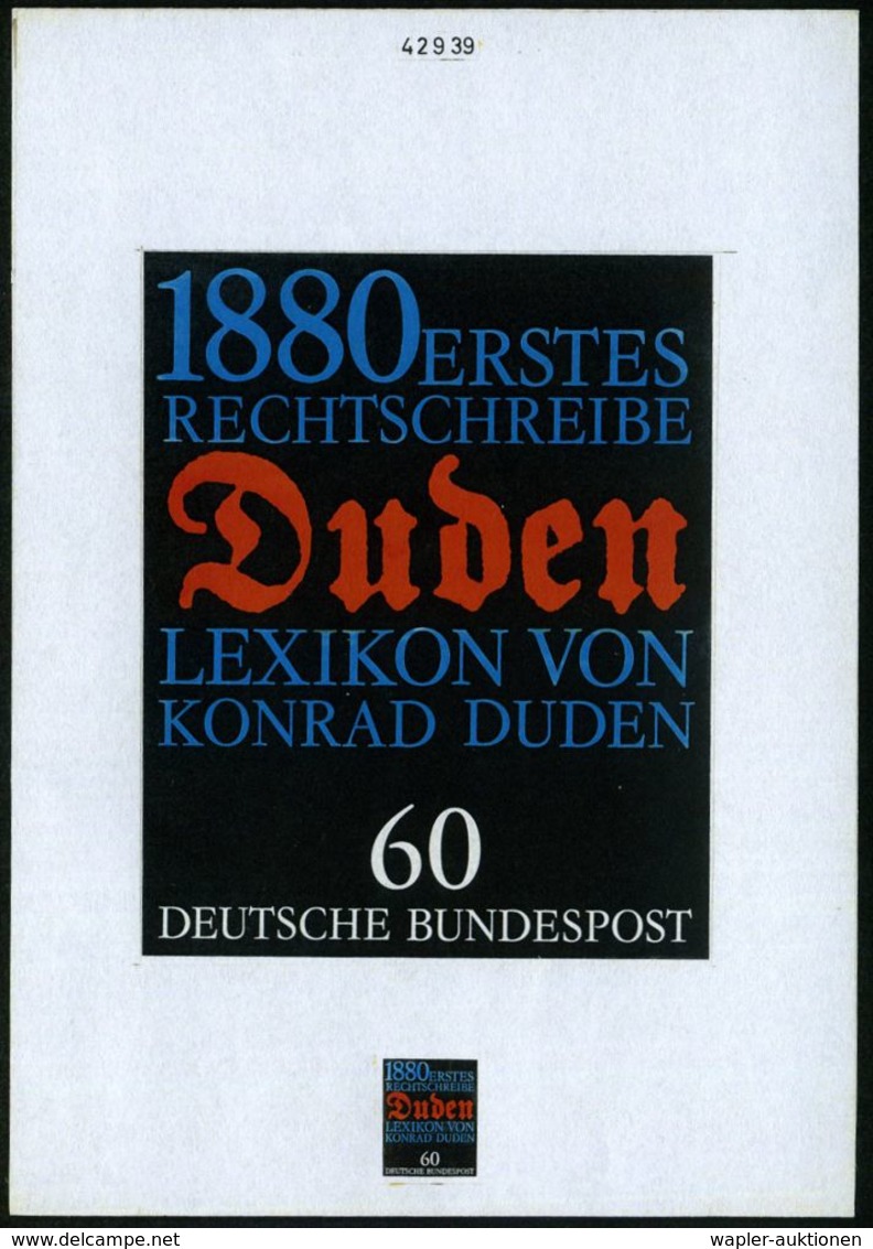 B.R.D. 1980 60 Pf. "100 Jahre 1. Rechtschreibwörterbuch Konrad Duden", Orig. Alternativ-Künstler-Entwurf V. Prof Paul Fr - Altri & Non Classificati