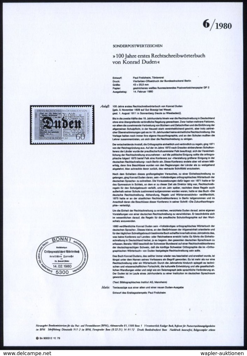 B.R.D. 1980 (Feb.) 60 Pf. "100 Jahre 1. Rechtschreibwörterbuch V. Konrad Duden" Mit Amtl. Handstempel  "M U S T E R" , P - Andere & Zonder Classificatie
