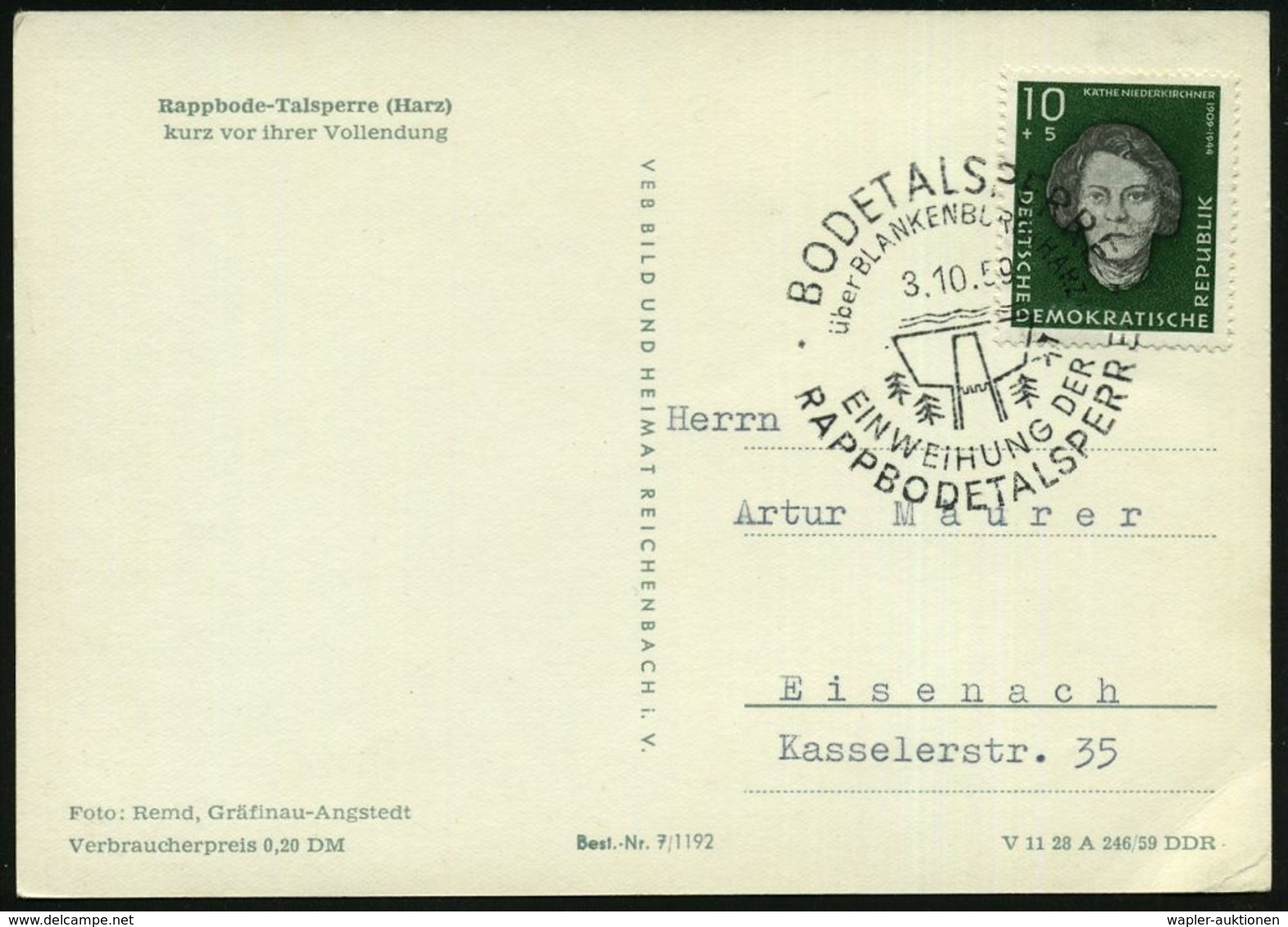 BODETALSPERRE/ über BLANKENBURG/ EINWEIHUNG DER/ RAPPBODETALSPERRE 1959 (3.10.) Seltener SSt = Bode-Talsperre Klar Auf S - Acqua